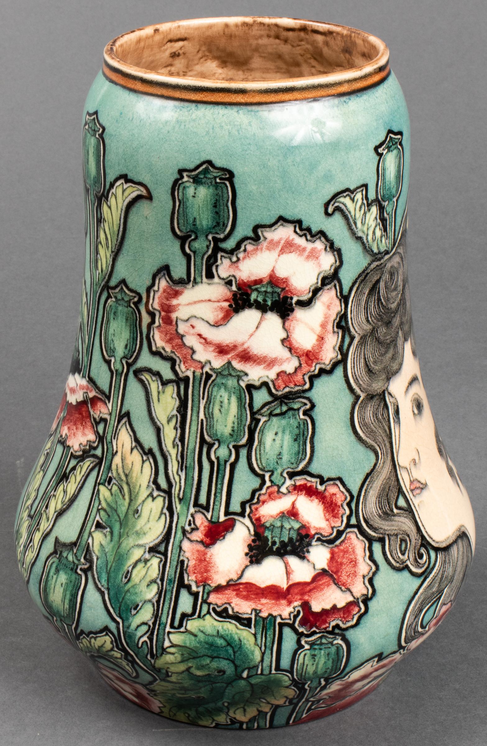 Royal Bonn Art Nouveau / Jugendstil glazed pottery vase, with portrait of woman and floral motif decoration, maker's mark underside: 