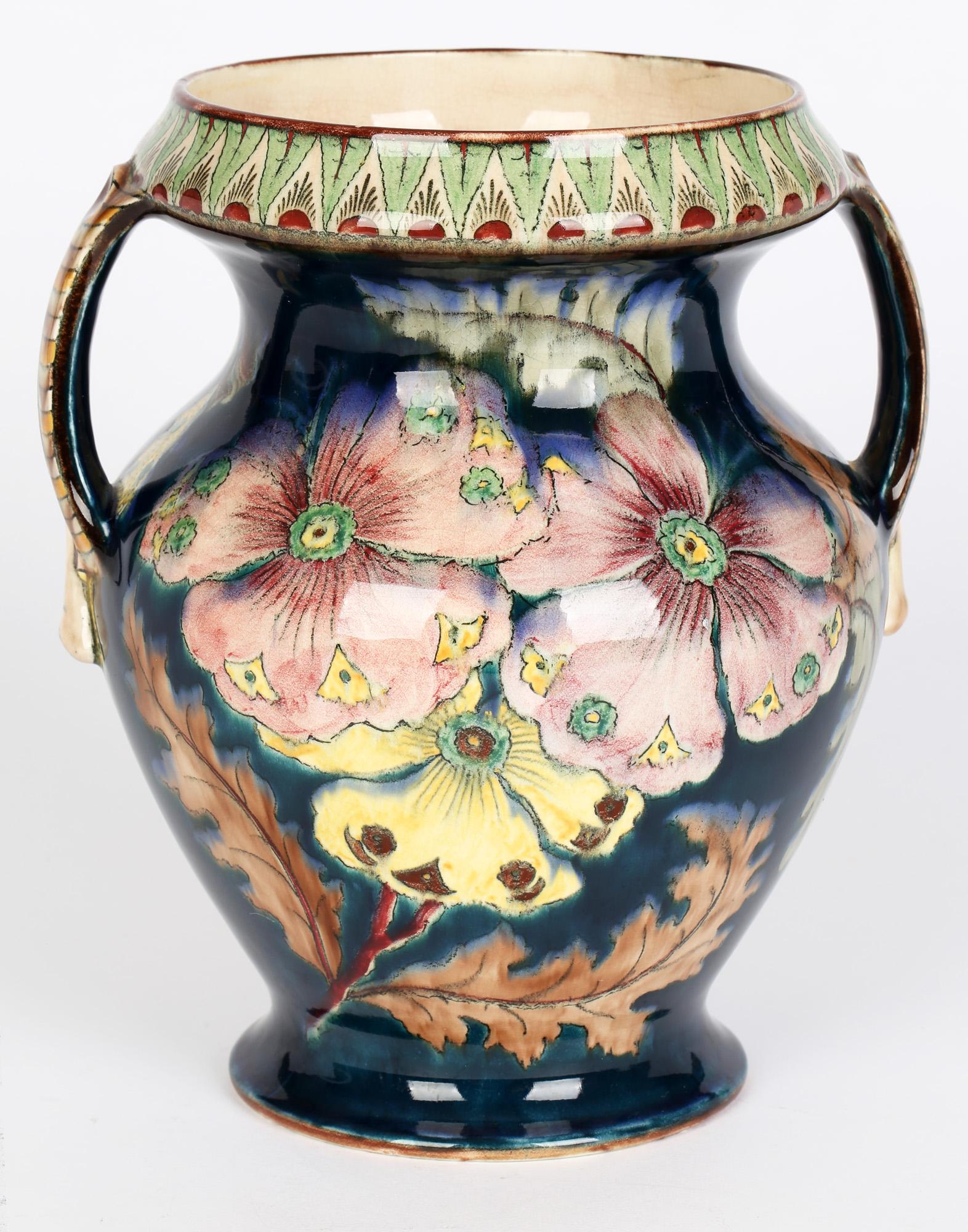 German Royal Bonn Art Nouveau Twin Handled Hand Painted Floral Pottery Vase