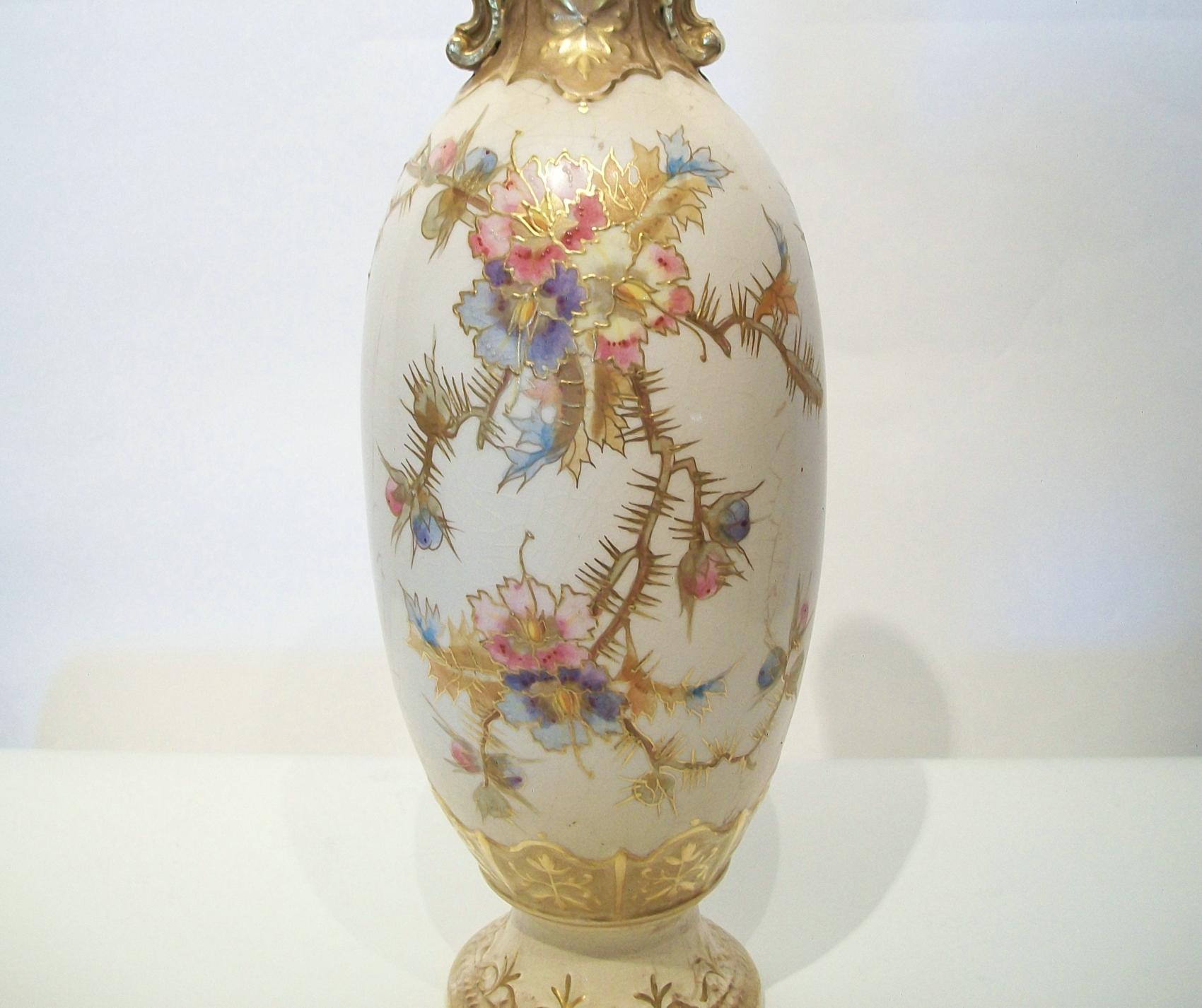 Ceramic Royal Bonn - Franz Anton Mehlem, Hand Painted & Gilded Vase / Lamp, circa 1900 For Sale