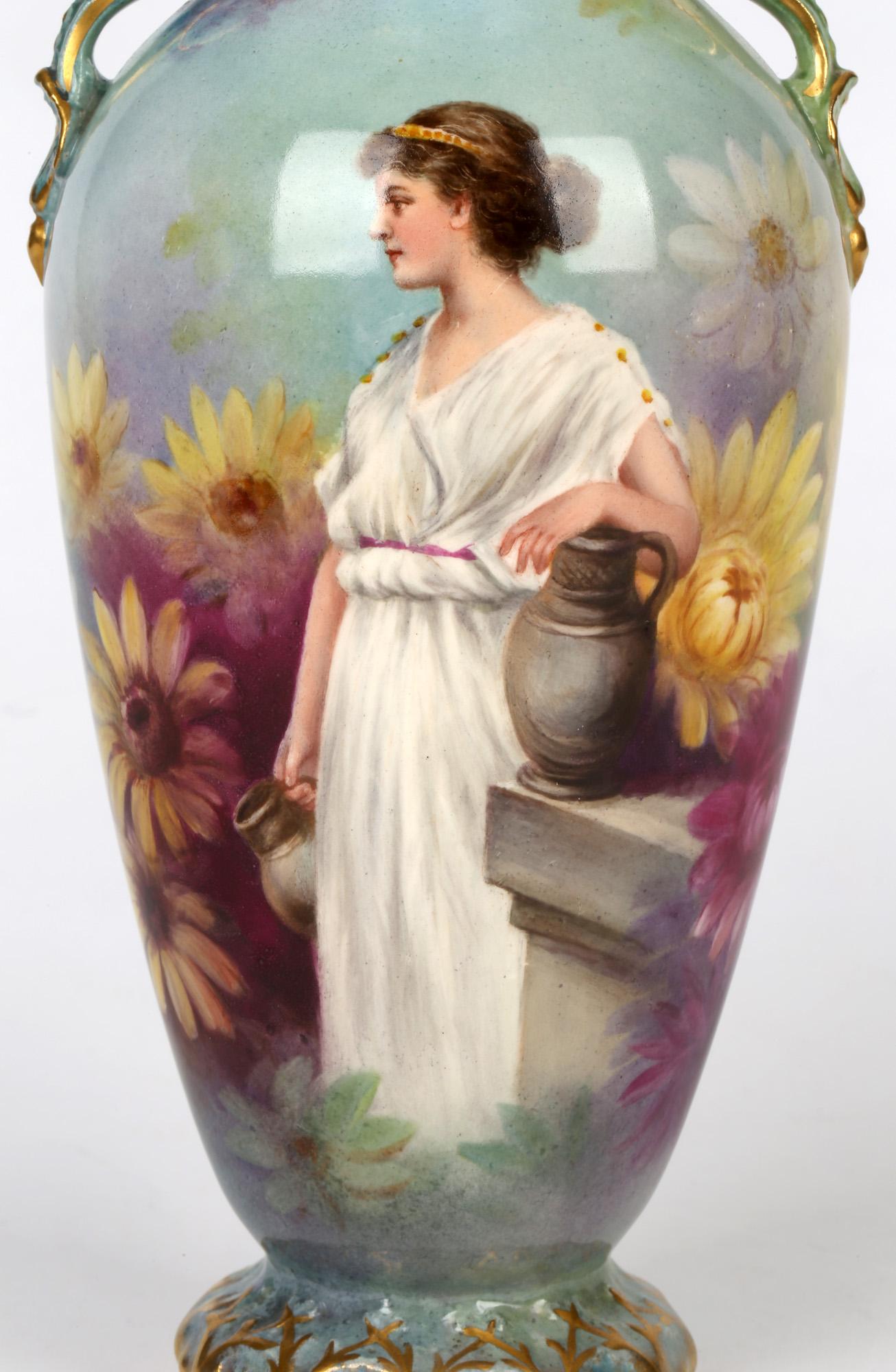 A very finely painted Art Nouveau German Royal Bonn twin handled pottery vase hand painted with a female water carrier by J Duren and dating from around 1900. This lightly potted vase is finely made standing on a rounded molded base with tall