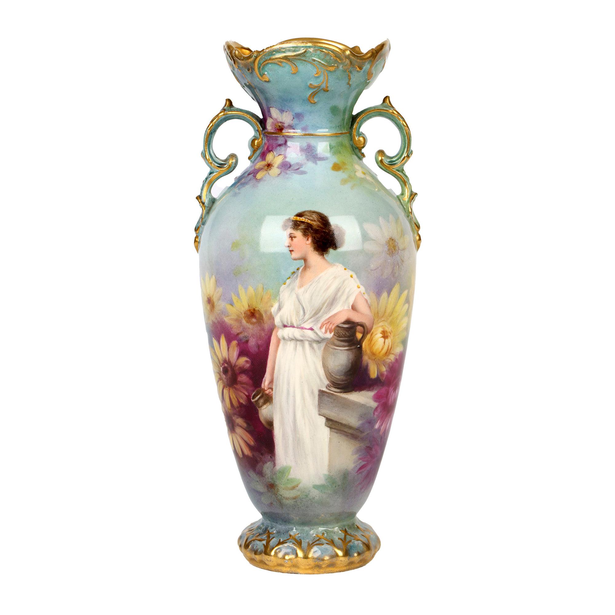 Royal Bonn German Art Nouveau Painted Vase with Female Water Carrier by J Dűren