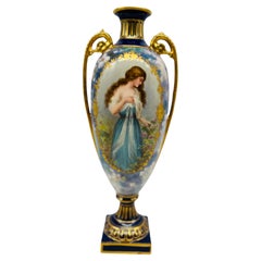 Antique Royal Bonn Lovely Lady Cobalt & Gilt Porcelain Pedestal Vase Signed J. Duren