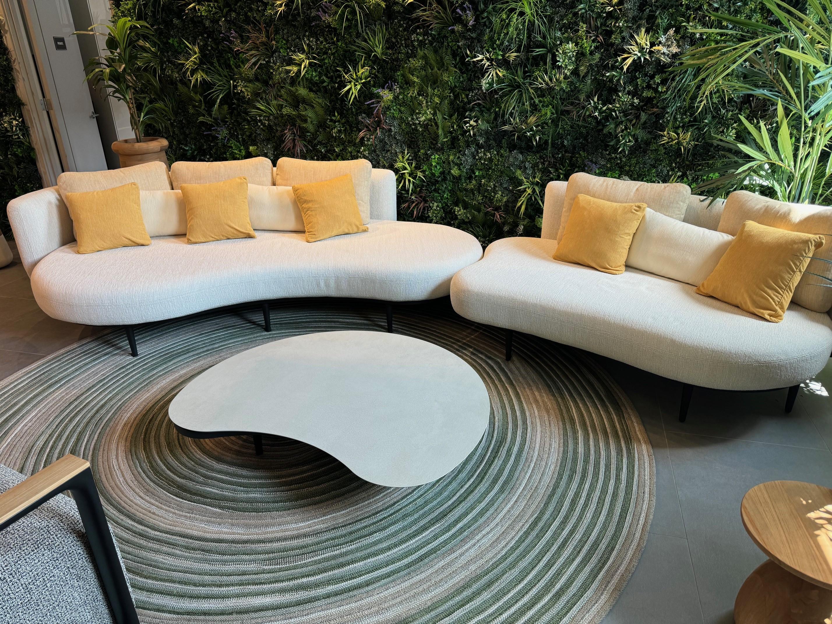 Royal Botania Organix Outdoor Sectional Set with Coffee Table
White Boucle fabric with Yellow Pillows
Furniture can be left outside all year, dries quickly.
Coffee Table with Ceramic top can be linked with Larger Sectional or use Floating
Frame in