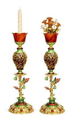 Royal Bouquet Candlestick Pair 18K Gold, Agate, Diamonds- Handcrafted To Order