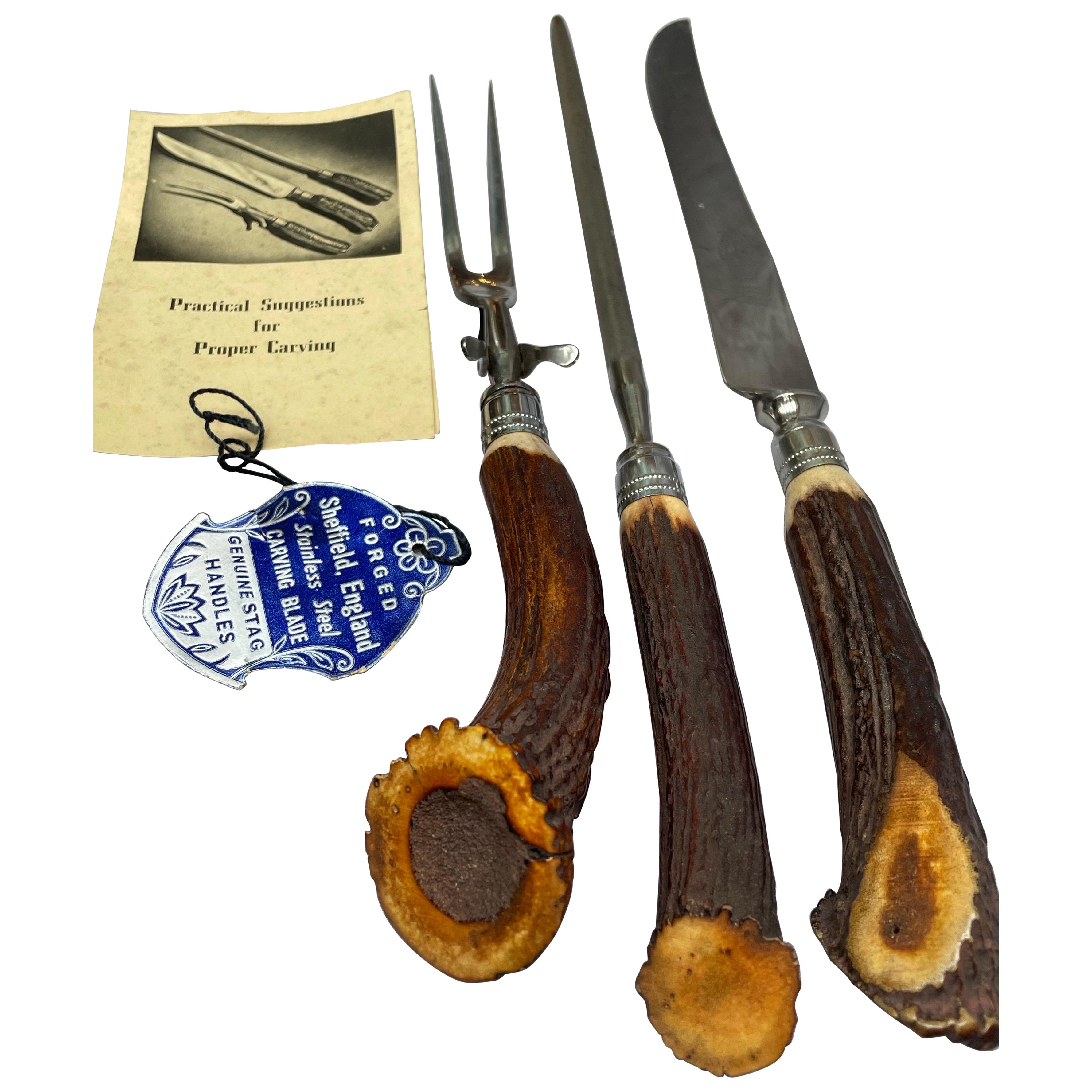 Set da intaglio a tre pezzi Royal Brand Sheffield England con manici in vero cervo