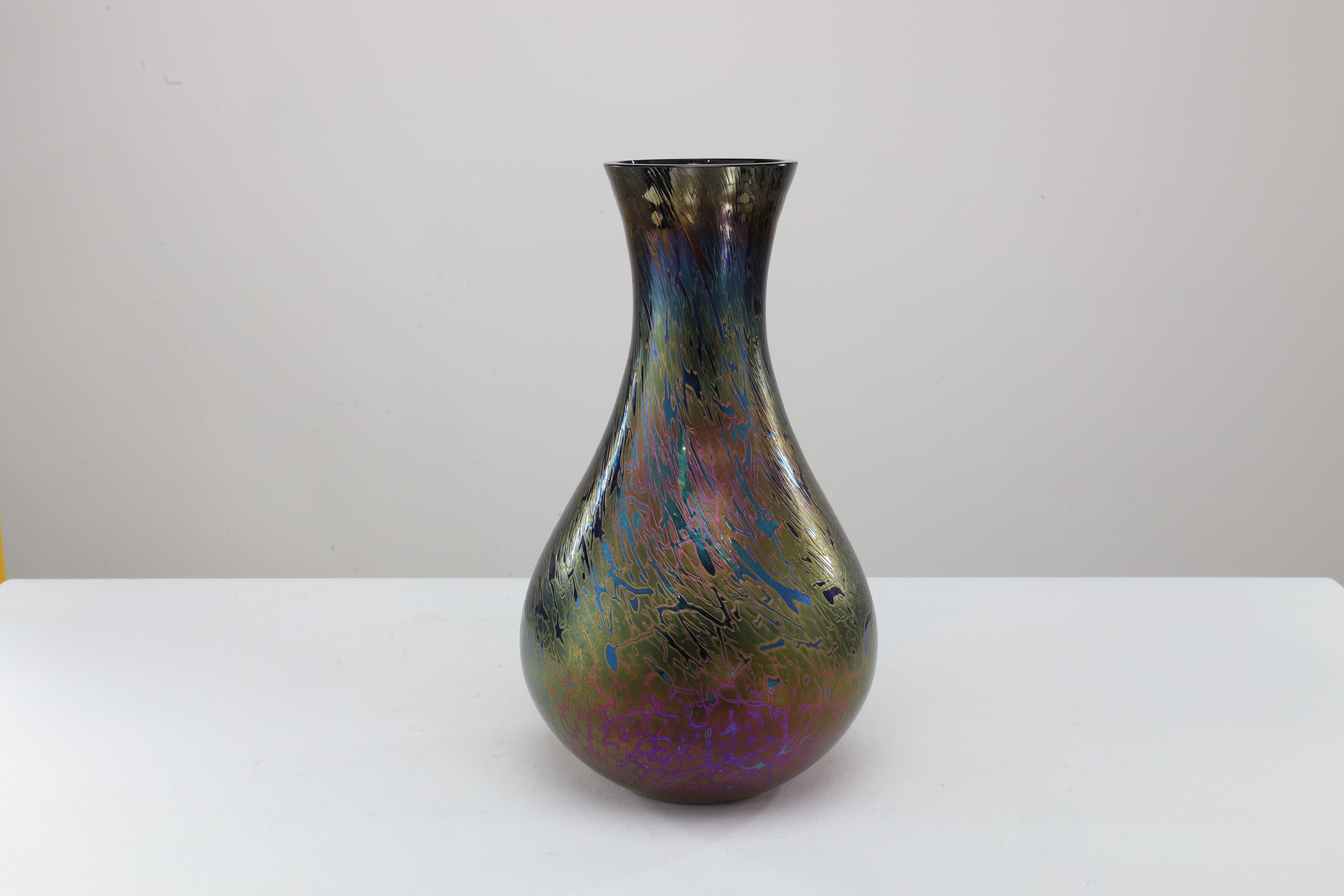 English Royal Brierley Studio. A colourful iridescent Art Glass vase For Sale