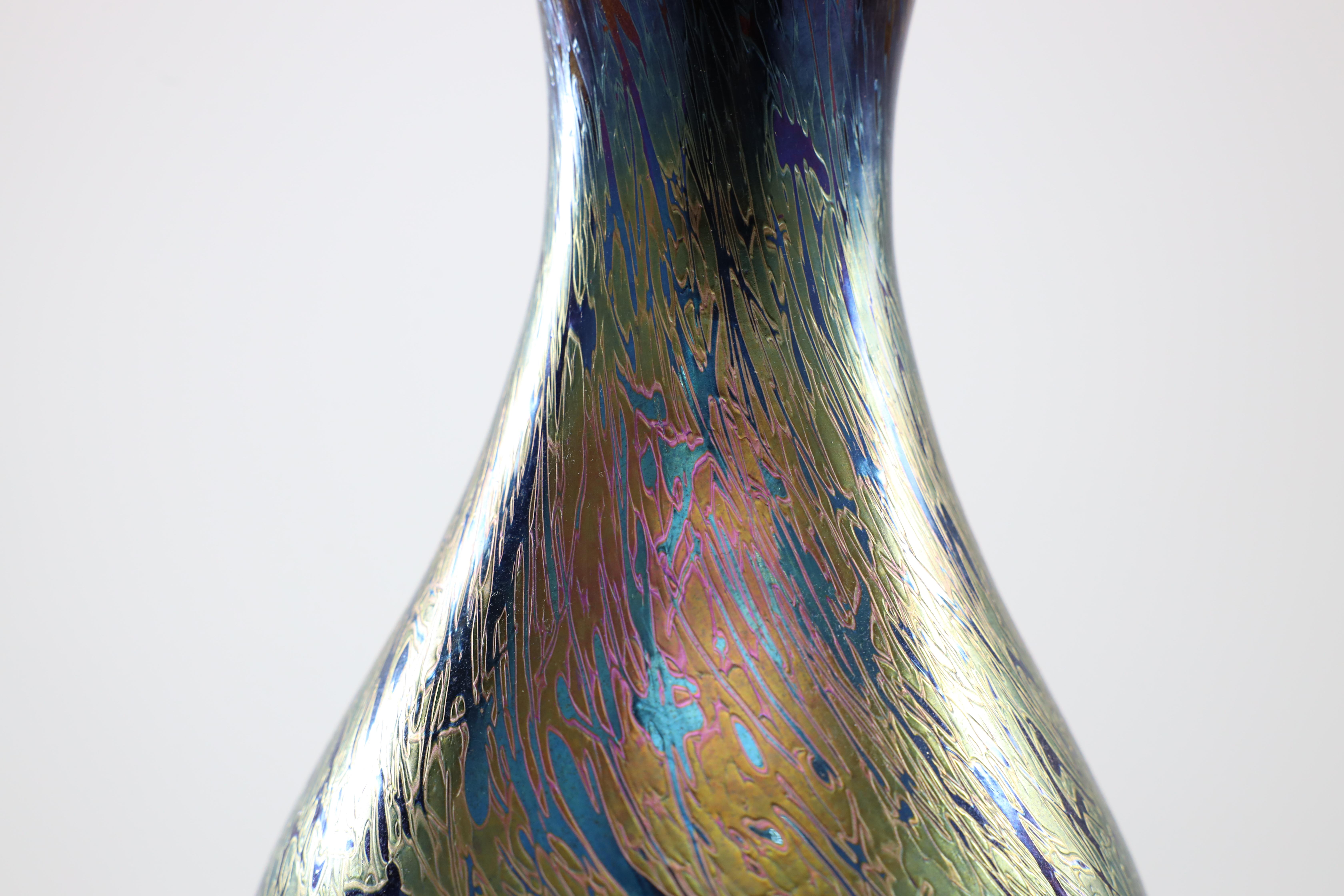 Late 20th Century Royal Brierley Studio. A colourful iridescent Art Glass vase For Sale