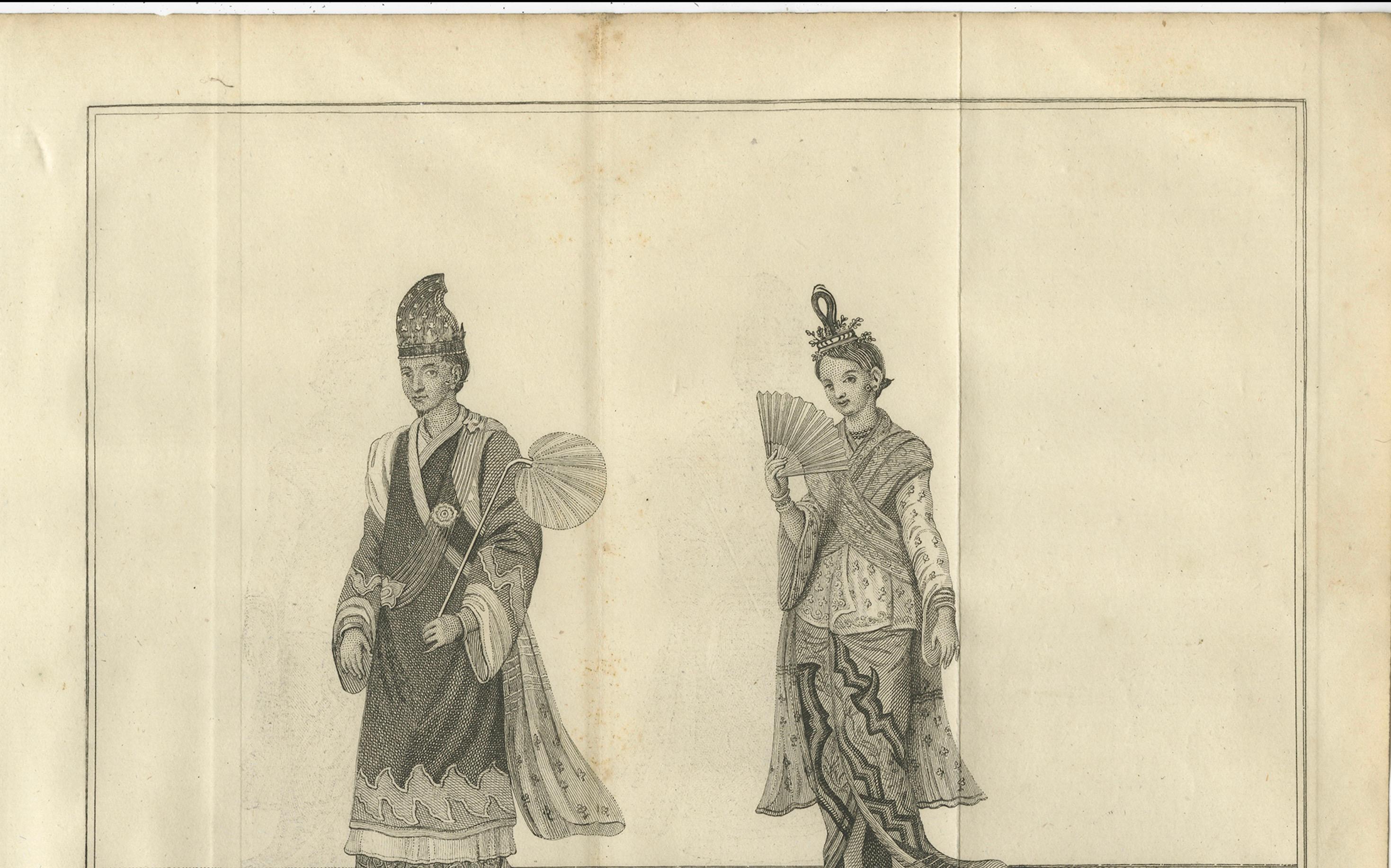 Oficial real birmano y su esposa en traje de Estado - Grabado antiguo de trajes, hacia 1800

Este magnífico grabado holandés de principios del siglo XIX titulado 