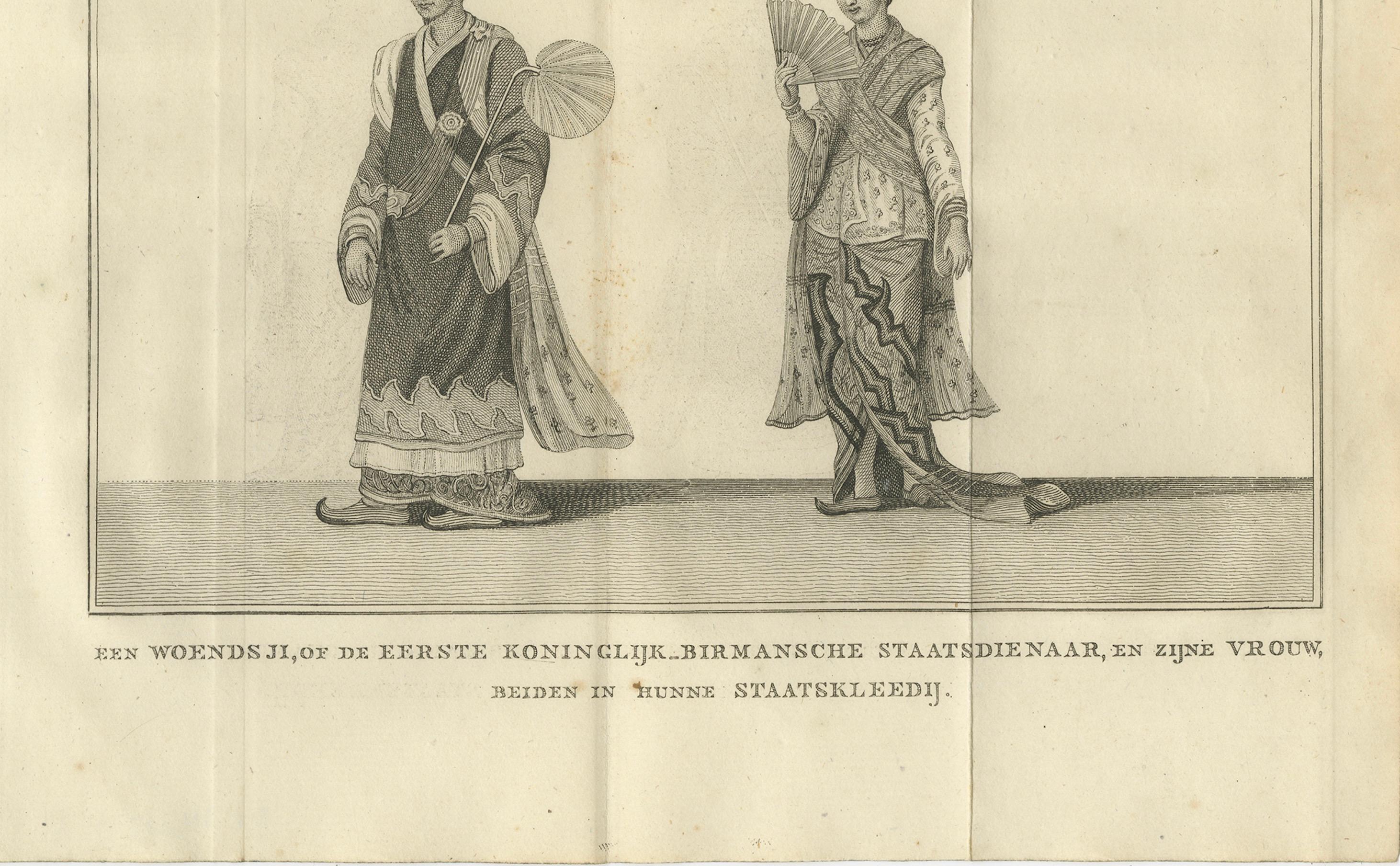 Oficial real birmano y su esposa en traje de Estado - Grabado antiguo sobre traje, c1800 Holandés en venta