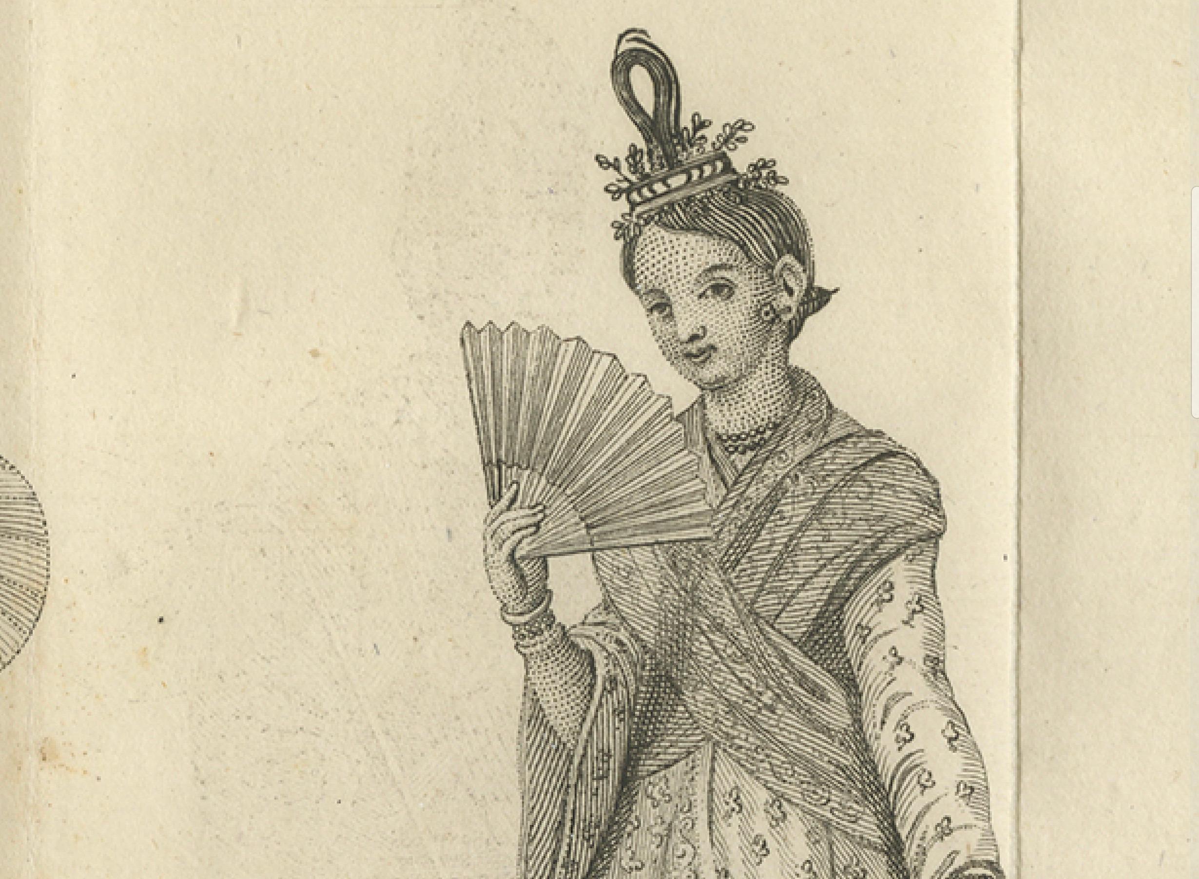 Oficial real birmano y su esposa en traje de Estado - Grabado antiguo sobre traje, c1800 en Bueno estado para la venta en Langweer, NL
