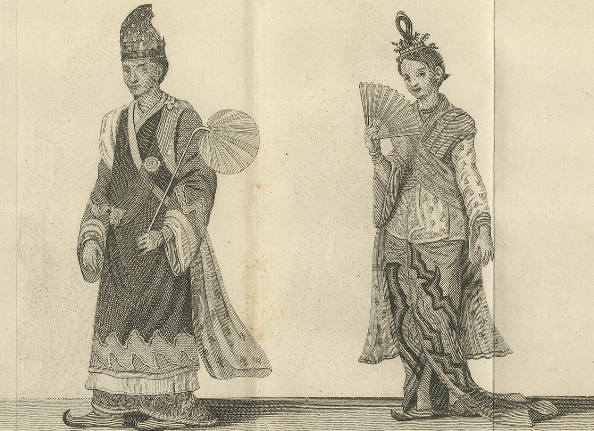 Oficial real birmano y su esposa en traje de Estado - Grabado antiguo sobre traje, c1800 Papel en venta