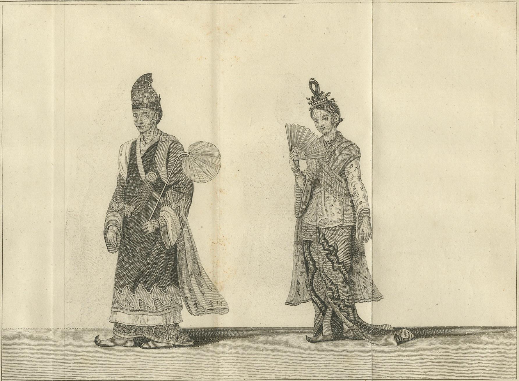 Oficial real birmano y su esposa en traje de Estado - Grabado antiguo sobre traje, c1800 en venta 1