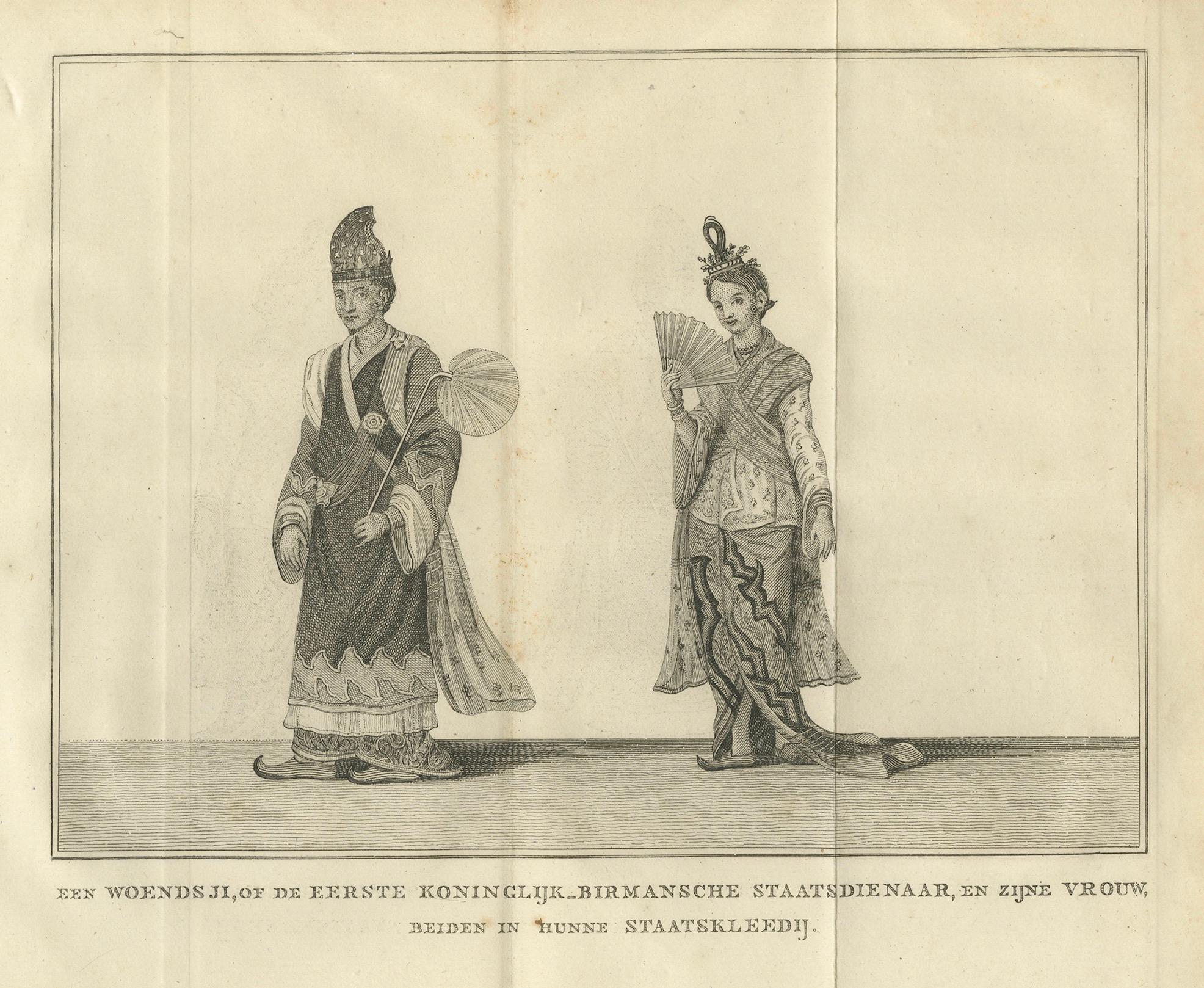 Oficial real birmano y su esposa en traje de Estado - Grabado antiguo sobre traje, c1800 en venta 2
