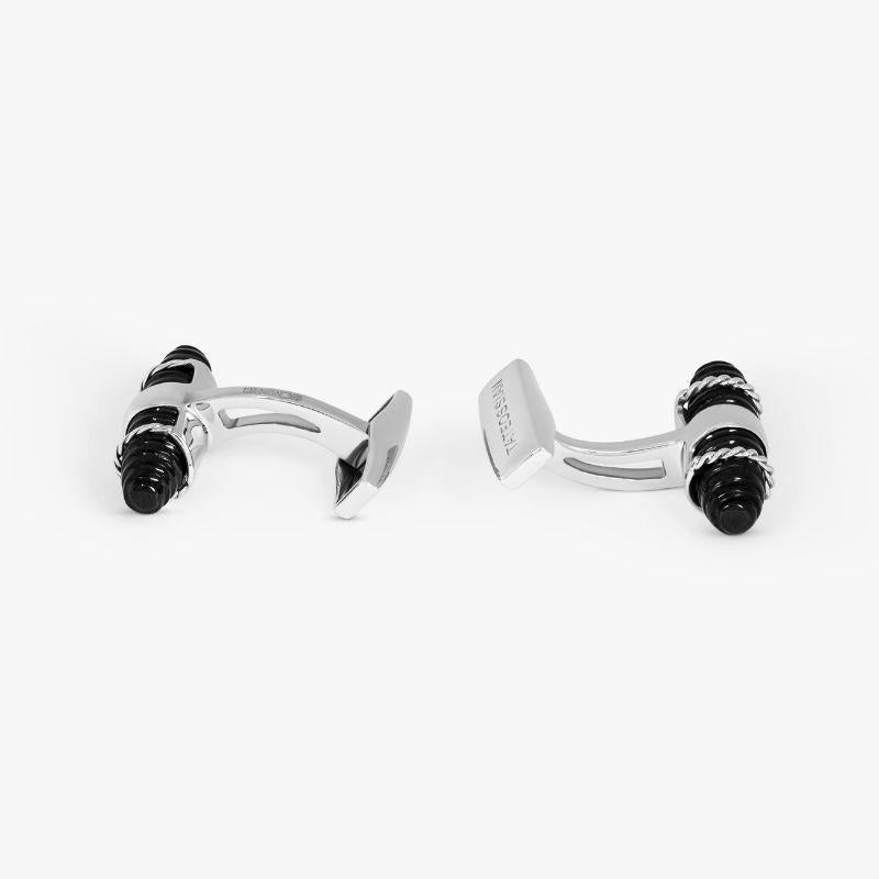 Royal Cable Bullet Cufflinks with Black Spinel in Sterling Silver

These rhodium plated sterling silver cufflinks feature unique spiral capsules, each shape is hand carved by skilful artisans in Jaipur. The bullet shapes are hand carved from
