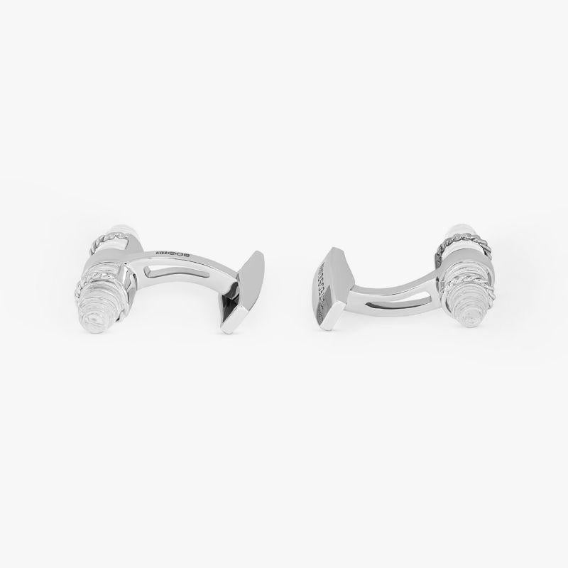 Royal Cable Bullet Cufflinks with Rock Crystal in Sterling Silver

These rhodium plated sterling silver cufflinks feature unique spiral capsules, each shape is hand carved by skilful artisans in Jaipur. The bullet shapes are hand carved from