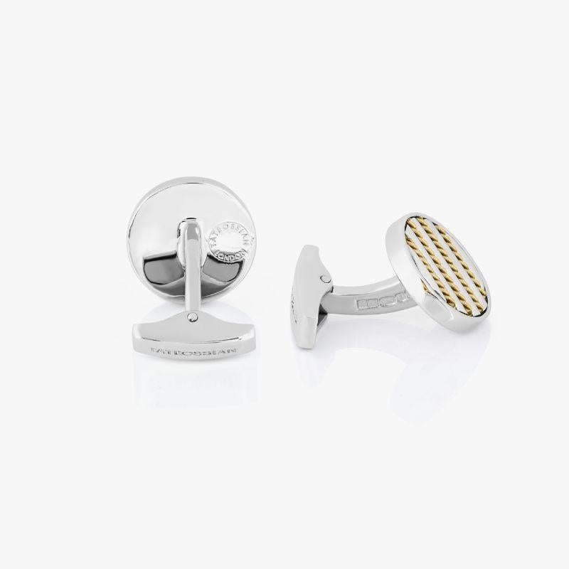 Royal Cable Round Cufflinks in Sterling Silver and 18k Yellow Gold

Four finely hand twisted wires in 18k yellow gold are embedded in a rhodium-plated sterling silver circle frame. Details of gold cables will add a subtle shine to your sleeve when