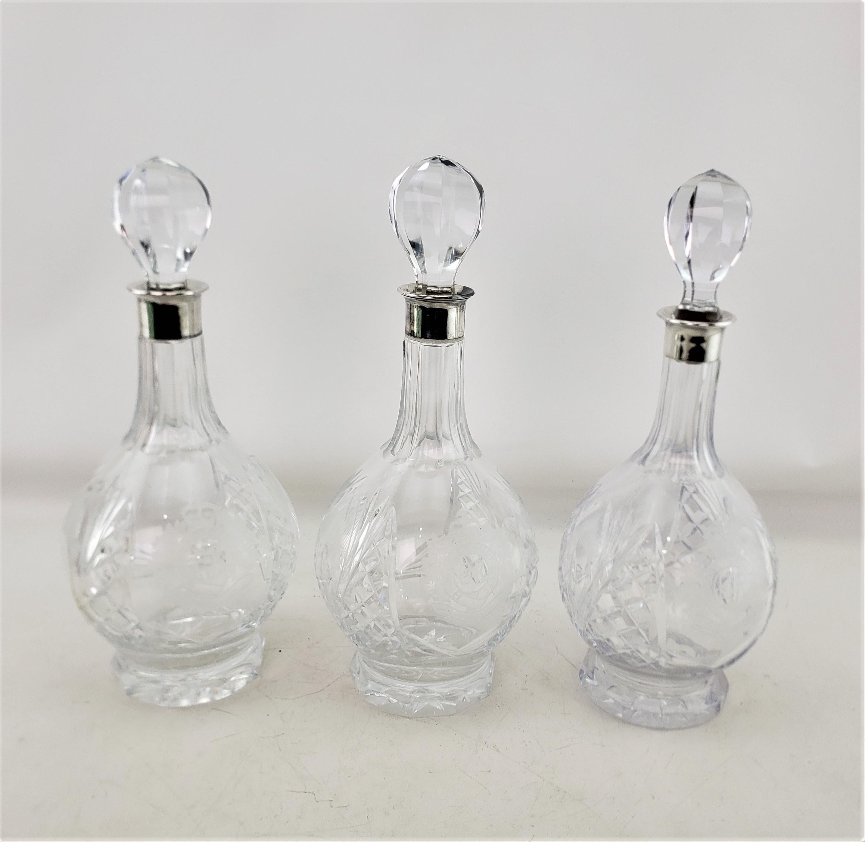 Mid-Century Modern Royal Canadian Engineers Field Squadron Etched Cut Crystal & Sterling Decanters For Sale