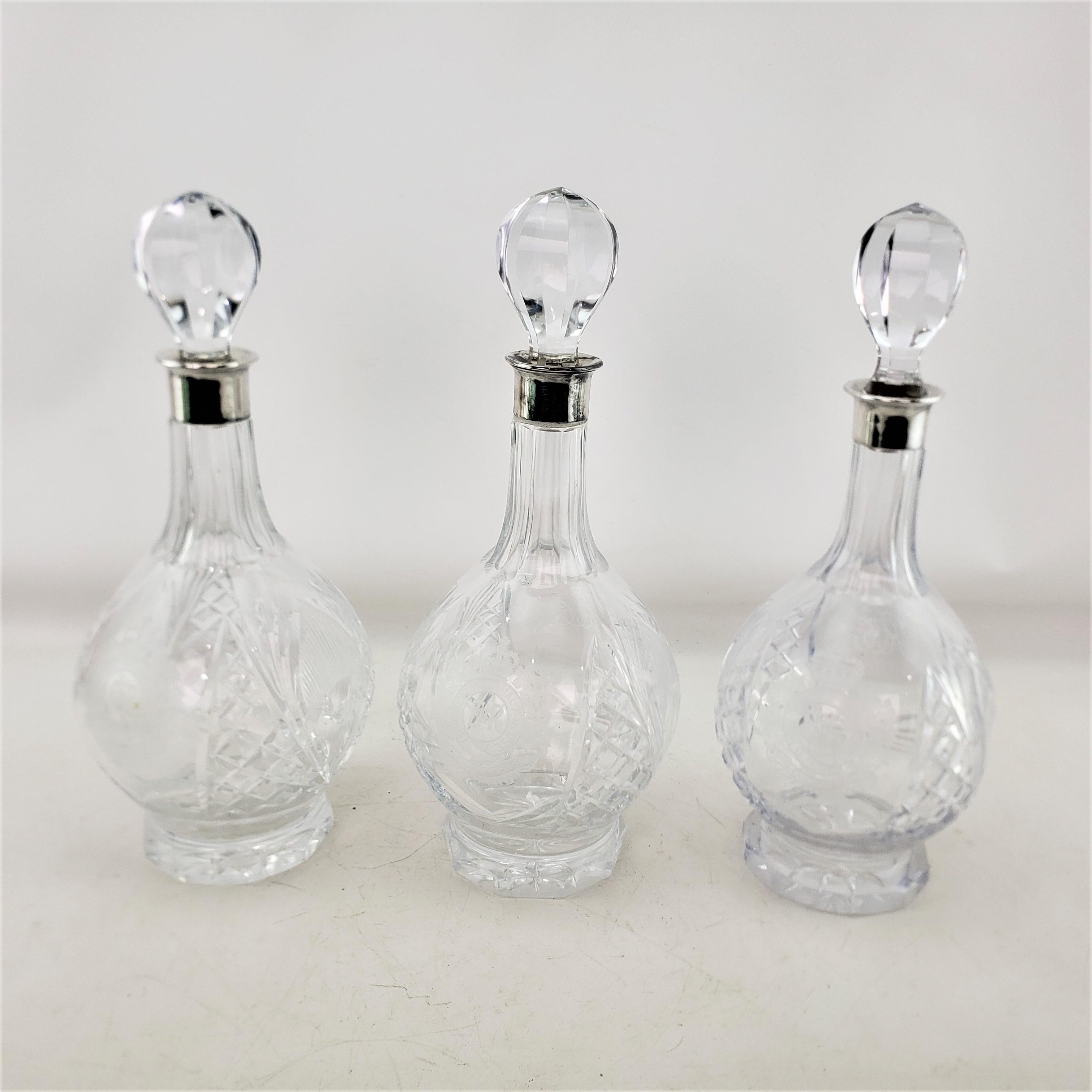 20th Century Royal Canadian Engineers Field Squadron Etched Cut Crystal & Sterling Decanters For Sale