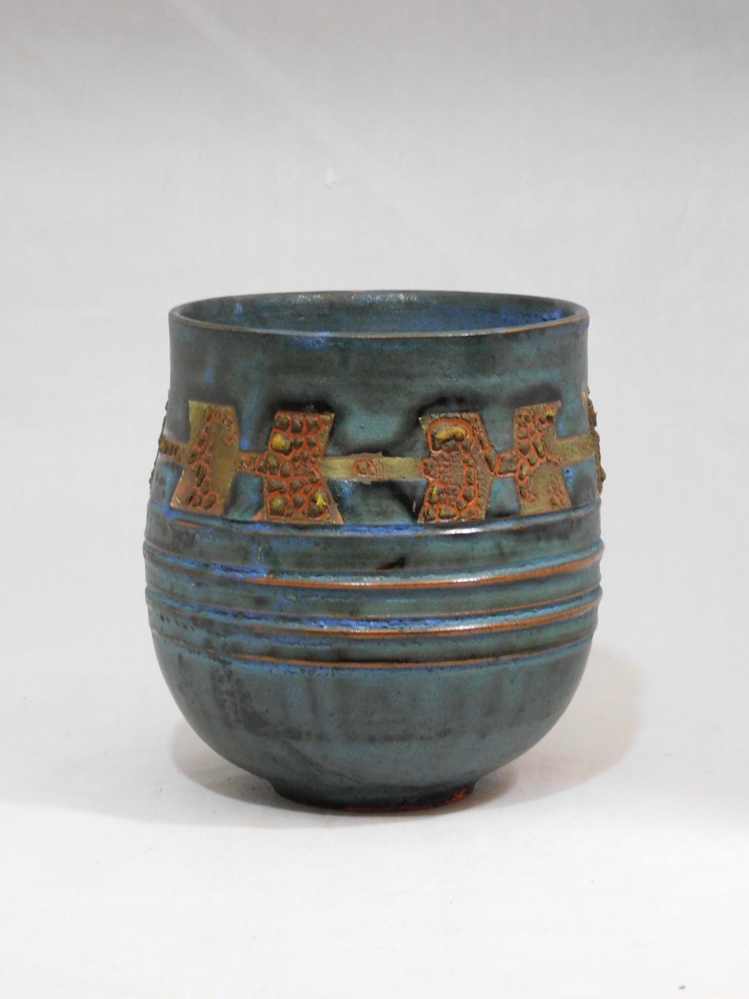 Wheel thrown Royal Canyon earthenware vessel by ceramicist Andrew Wilder. This is a one of a kind object made in the ancient way- by hand in a small artisanal pottery. In this series Wilder explores the application of lichen under glazes to achieve