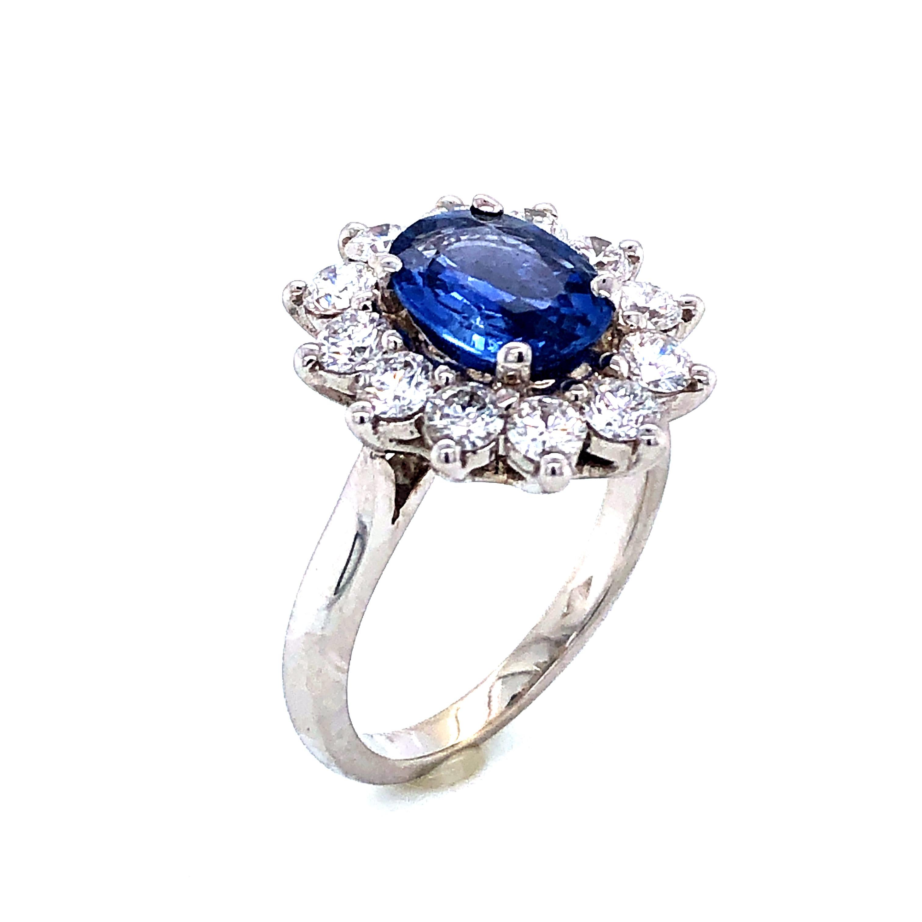 Brilliant Cut Royal Ceylon Sapphire and White Diamonds on White Gold Engagement Ring