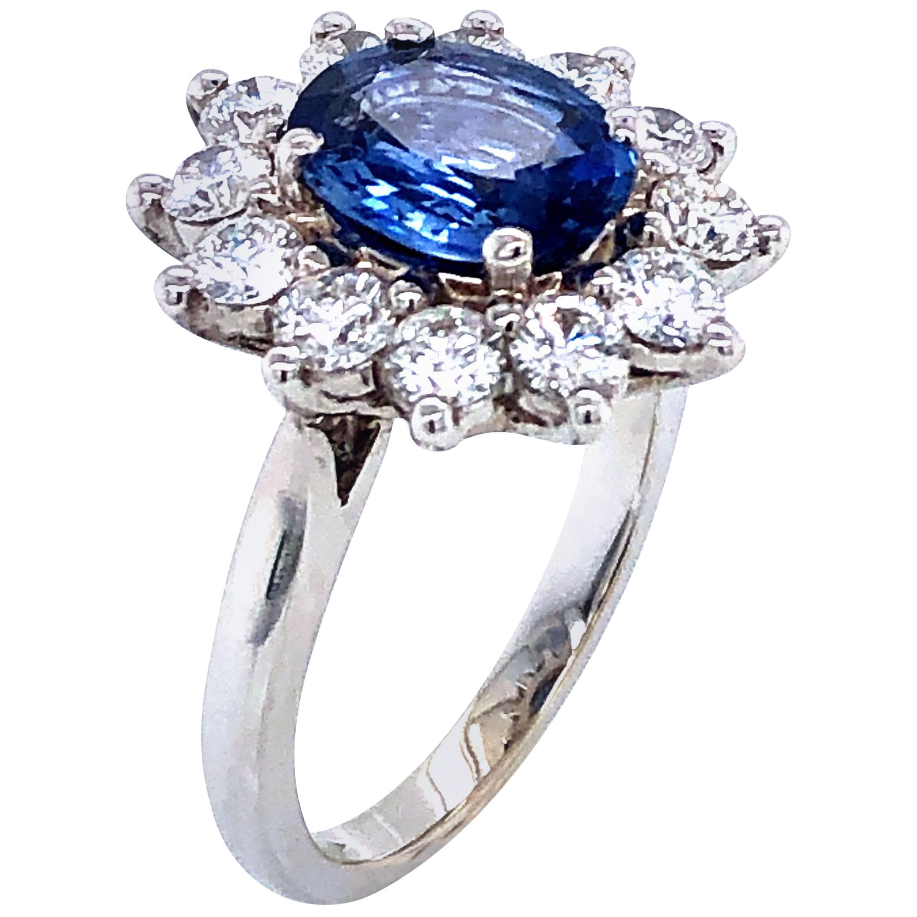 Royal Ceylon Sapphire and White Diamonds on White Gold Engagement Ring