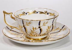 Royal Chelsea Porcelain Tea Cup & Saucer Art Deco Blue Gold & White, England 194