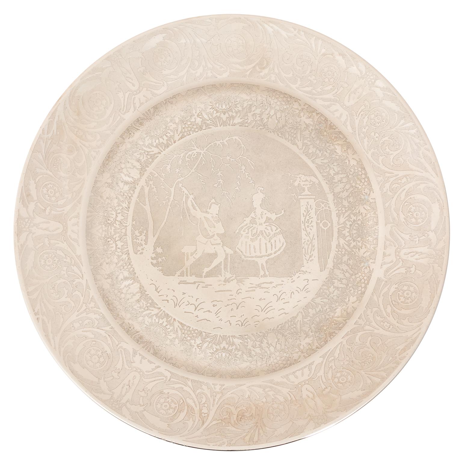 Royal China Limoges France serving plates- all with different silhouette designs-Art Deco-Original early French-Courting-park-playing music designs; silver overlay. Rare set.
 