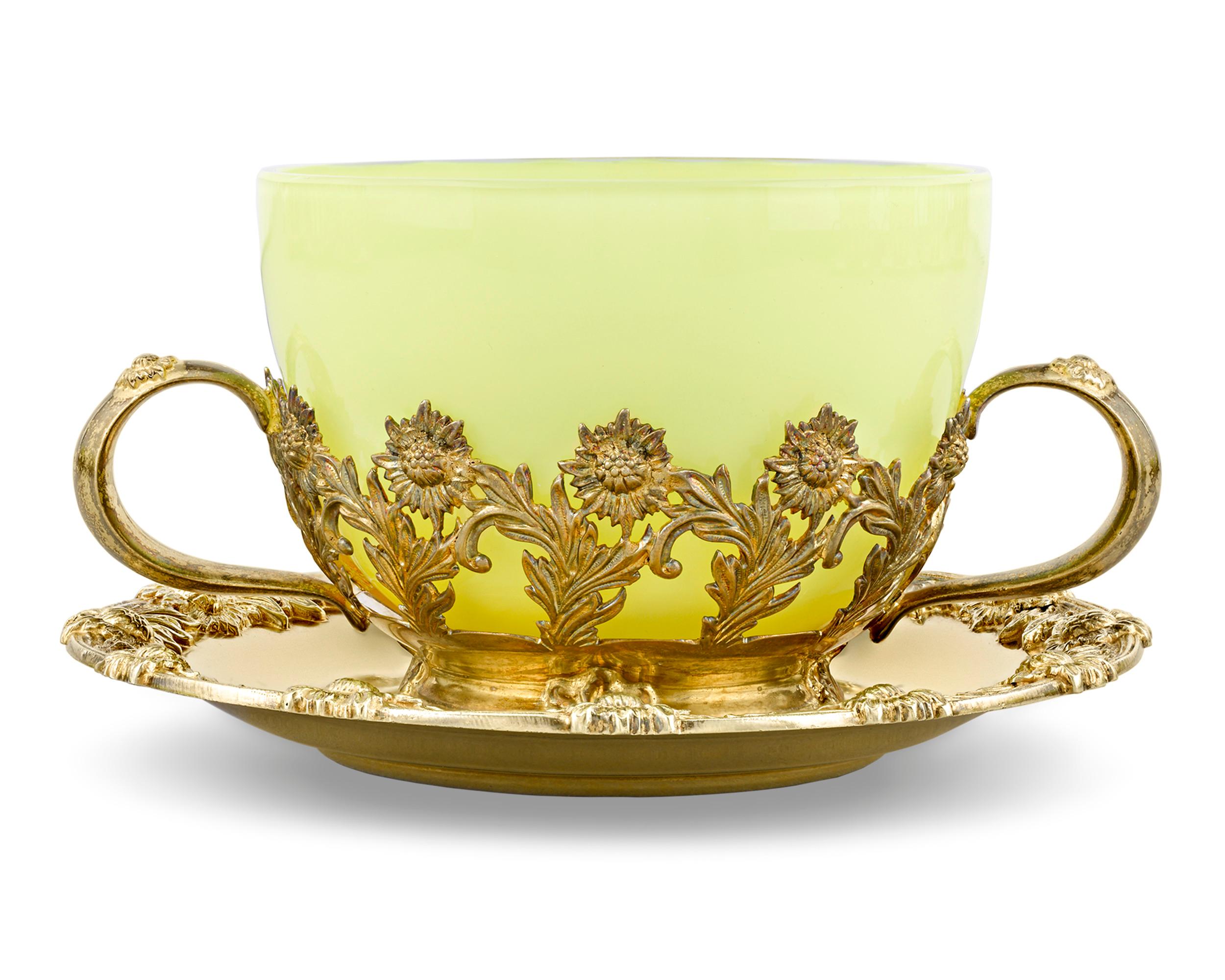Tiffany & Co.’s beloved Chrysanthemum pattern is showcased in this rare and exceptional teacup service created for royalty. Bearing the coronet of a European baron, this set contains eight each of silver-gilt cups and saucers along with eight