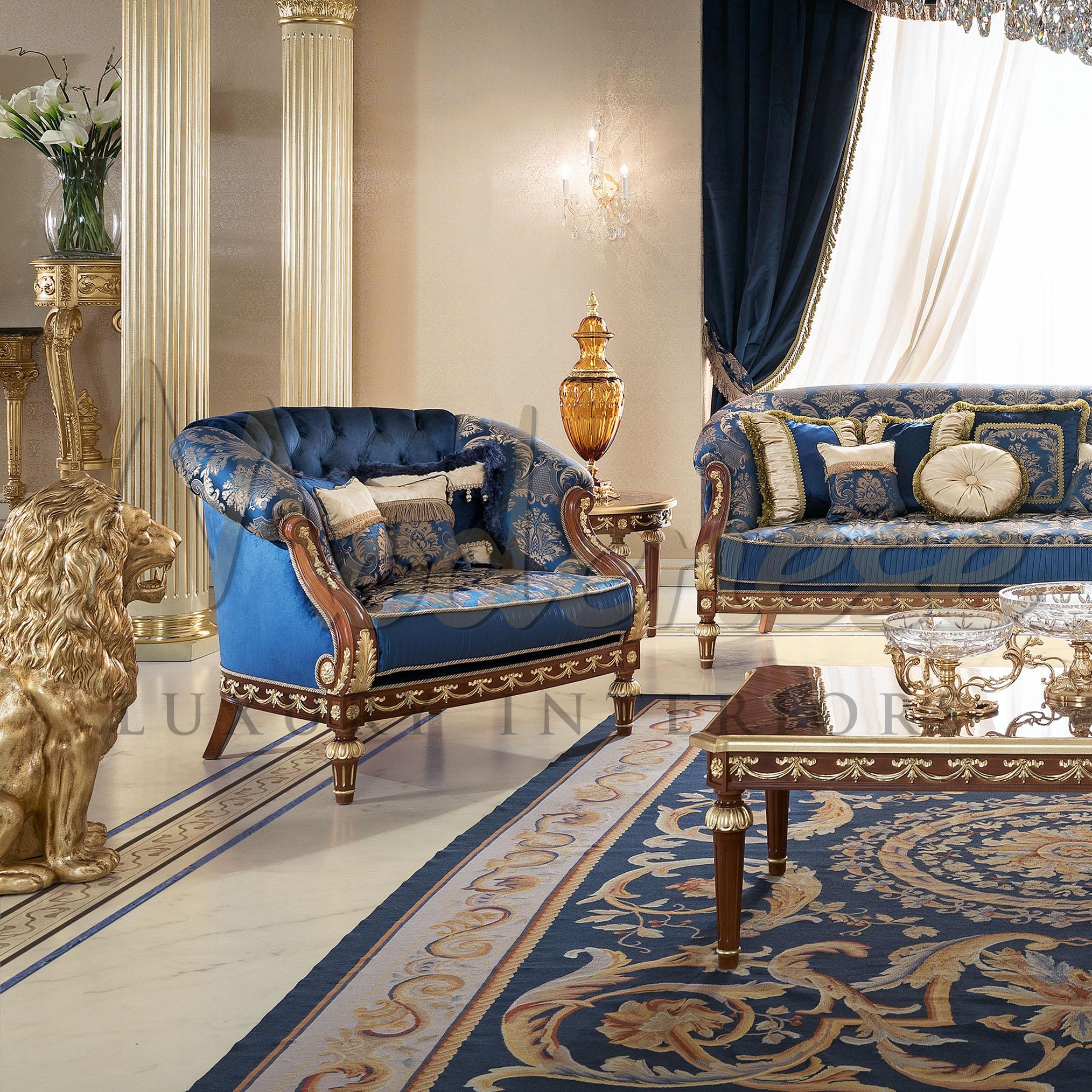 Excellency could not go further than this special collection of the noble blue living room furniture set. The curve shape seat is inviting and welcoming with pure comfiness on to the soft velvet and thick padded under the capitonne upholstered. Hand