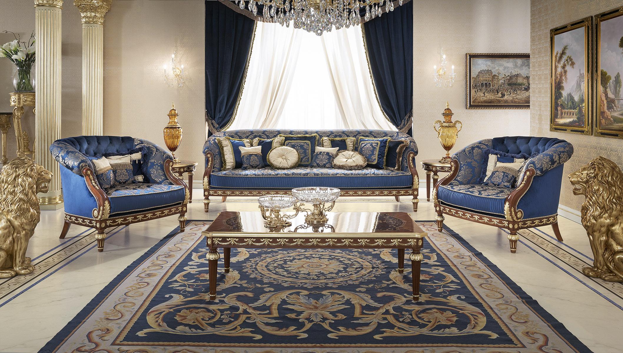 Italian Royal Classic Blue Armchair in Damask and Walnut Finish by Modenese Interiors For Sale