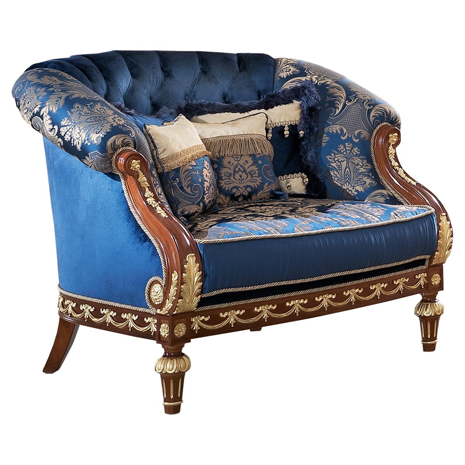 Blauer Classic-Sessel mit Damast und Walnussholzbezug von Modenese Interiors
