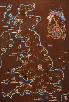 Royal Coat Of Arms Monarch "1942" Map Great Britain Wool Work Folk Art