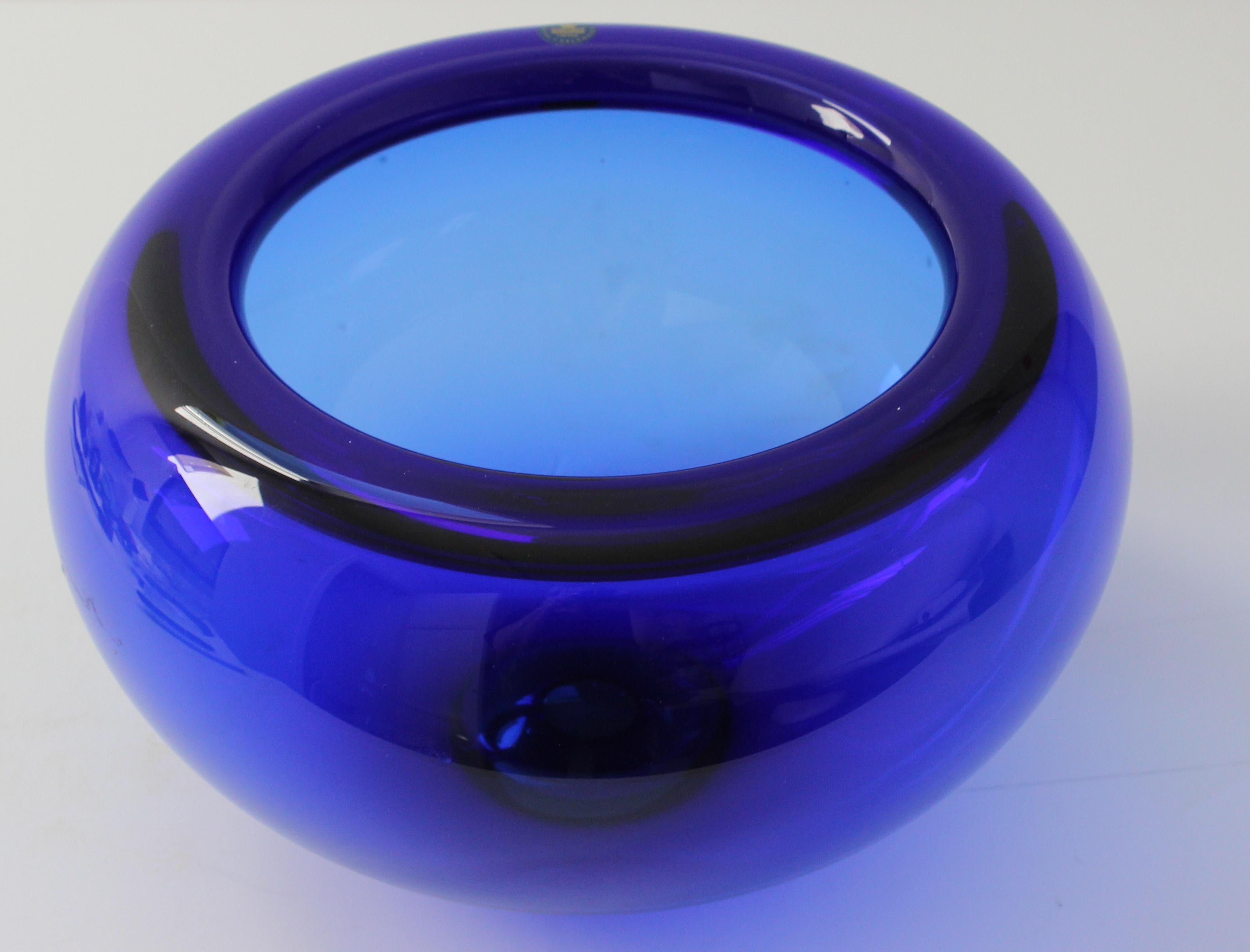 This stylish and classic cobalt blue crystal bowl by Royal Copenhagen dates to the 1970s and it retains its original label.