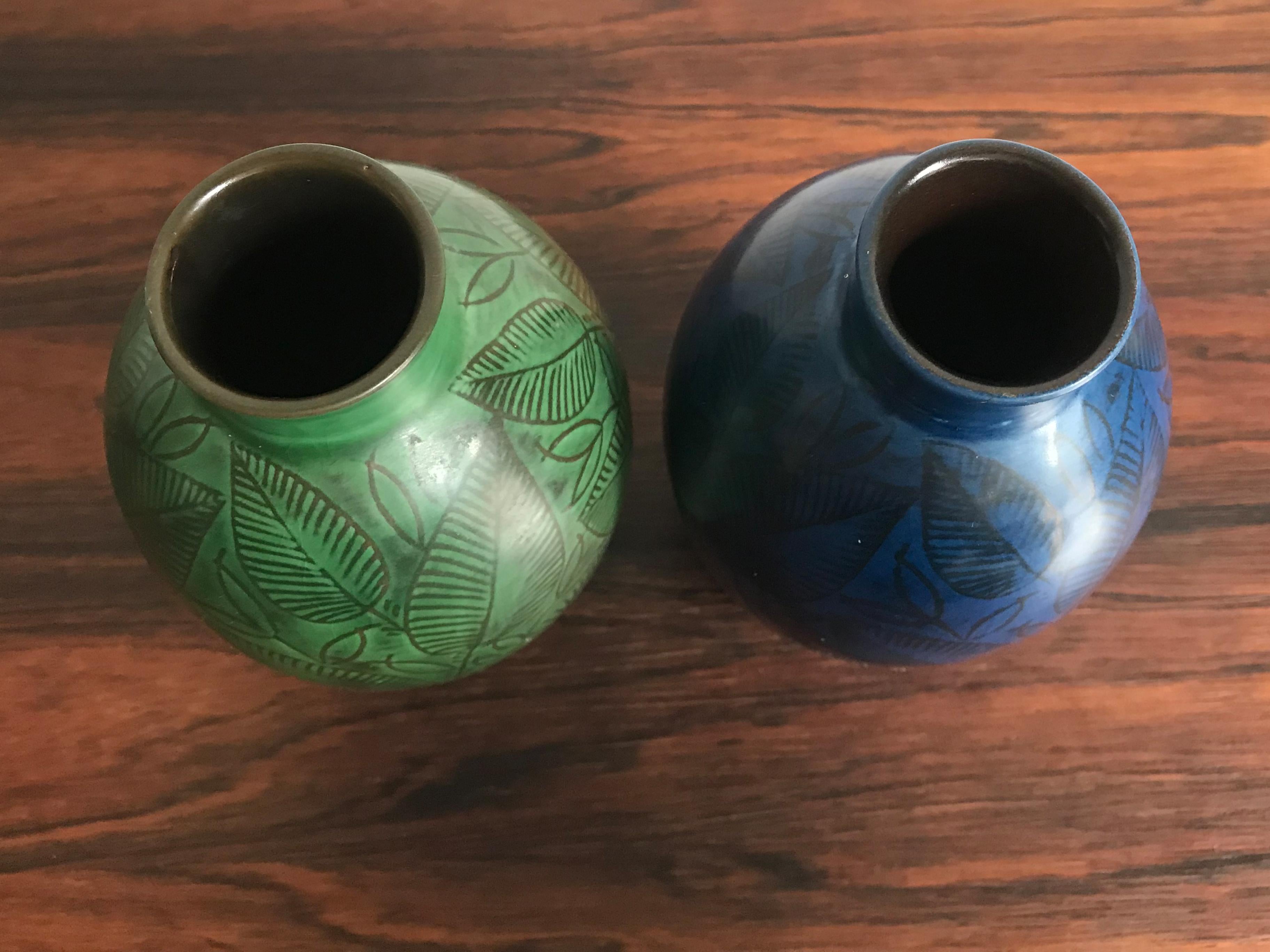 Scandinavian Modern Royal Copenaghen Couple of Scandinavian Blue Green Ceramic Vases, circa 1945