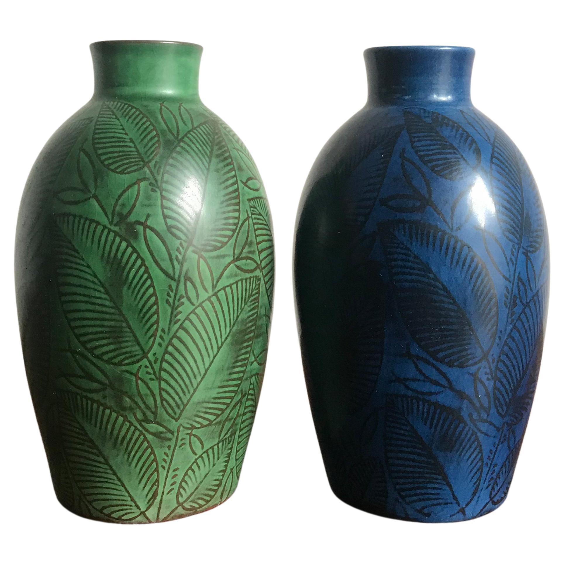 Royal Copenaghen Couple of Scandinavian Blue Green Ceramic Vases, circa 1945