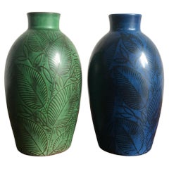 Vintage Royal Copenaghen Couple of Scandinavian Blue Green Ceramic Vases, circa 1945