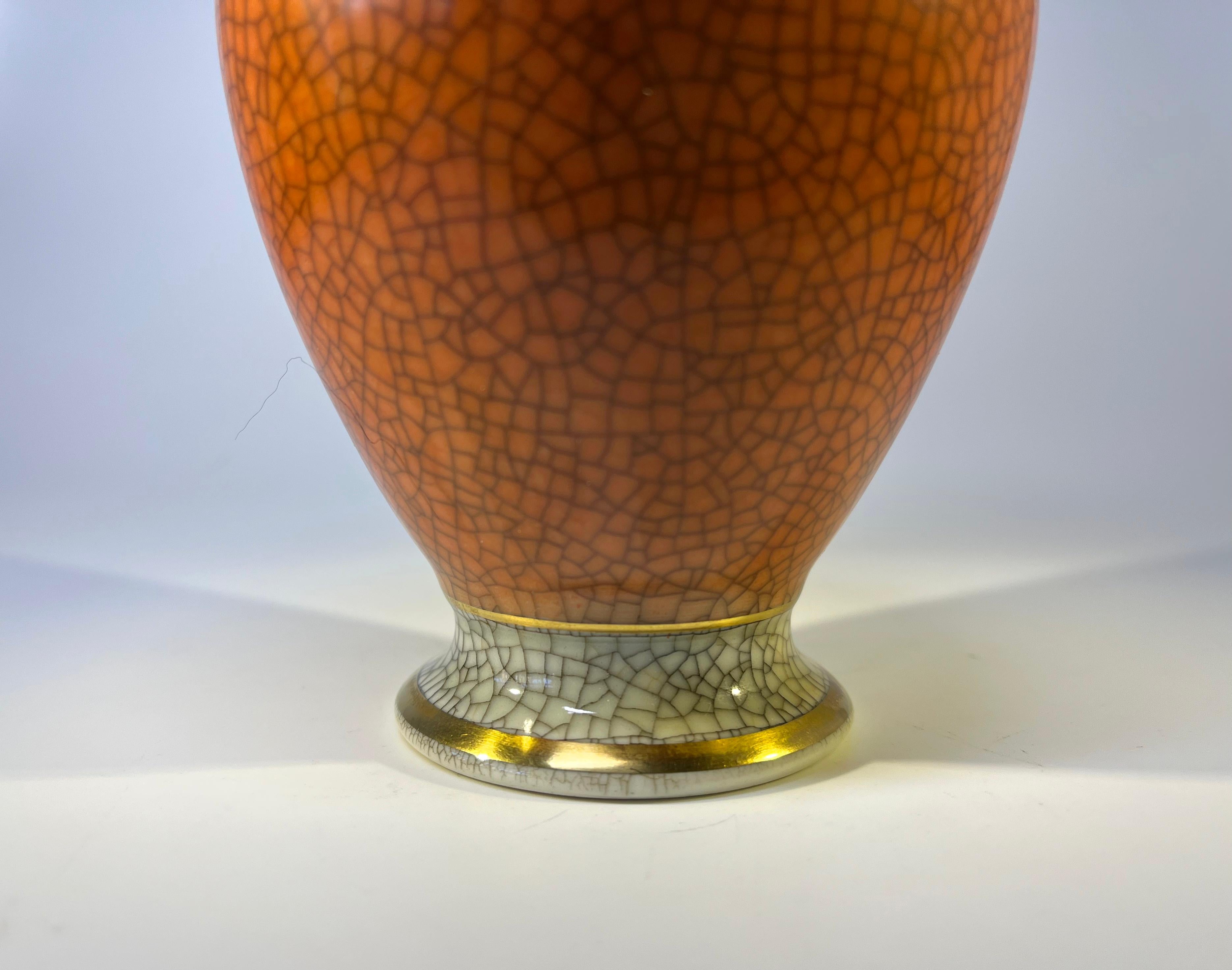 Royal Copenhagen 1953, Terracotta Orange Crackle Glazed Vase Gilded
