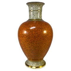 Royal Copenhagen 1953 Terracotta Orange Strong Crackle Glazed Vase Gilded Bands