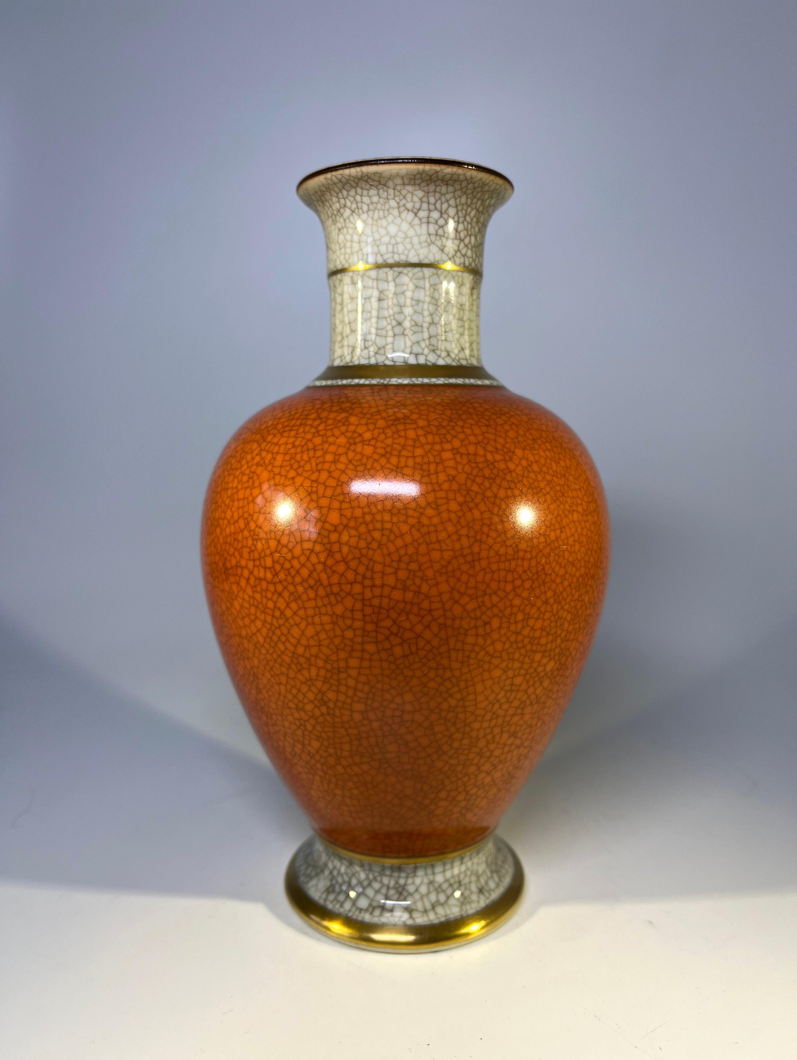 Danish Royal Copenhagen 1956, Terracotta Orange Crackle Glazed Vase Gilded Banding