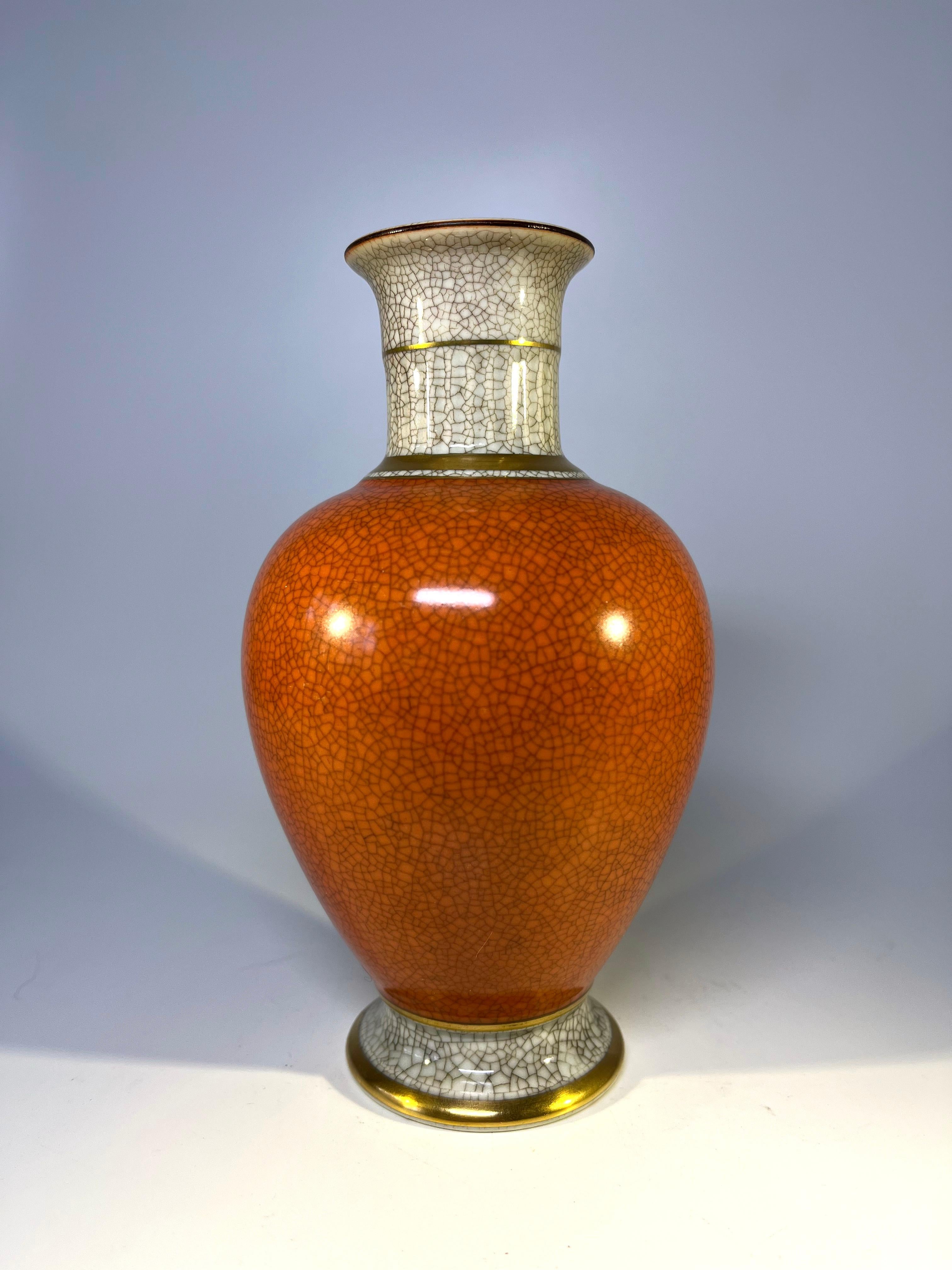 Royal Copenhagen 1956, Terracotta Orange Crackle Glazed Vase Gilded Banding In Good Condition In Rothley, Leicestershire
