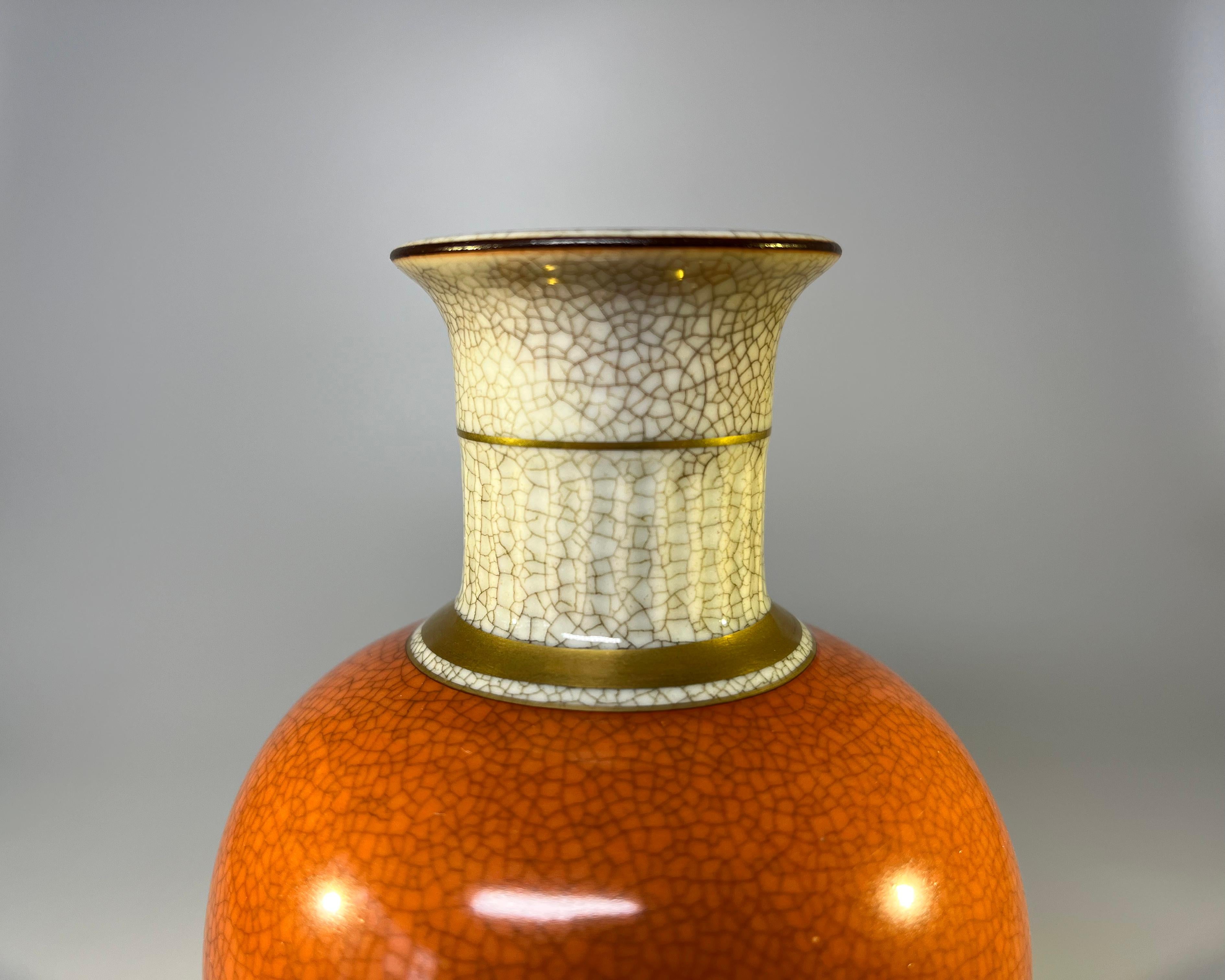 20th Century Royal Copenhagen 1956, Terracotta Orange Crackle Glazed Vase Gilded Banding