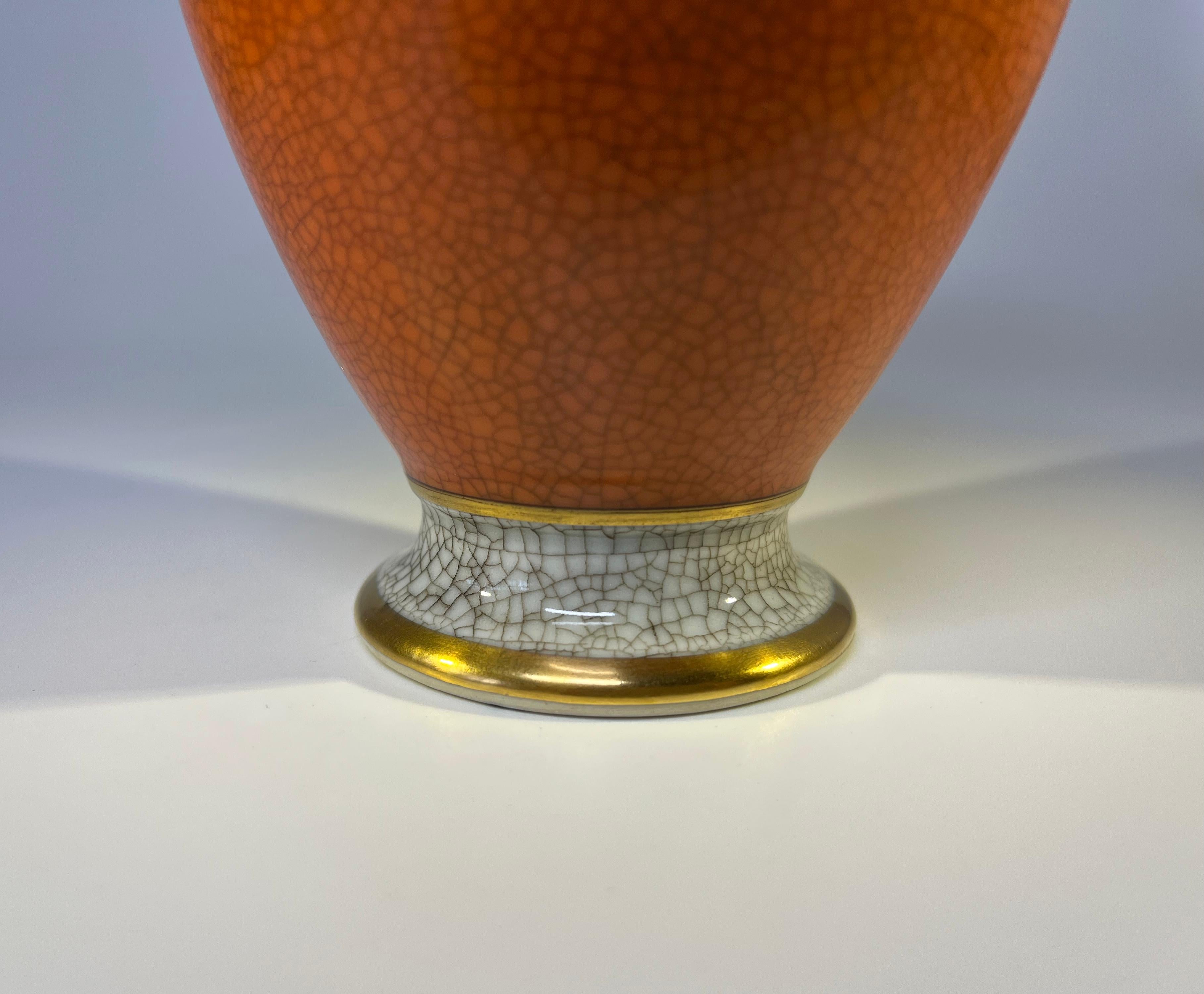 Royal Copenhagen 1956, Terracotta Orange Crackle Glazed Vase Gilded Banding 1
