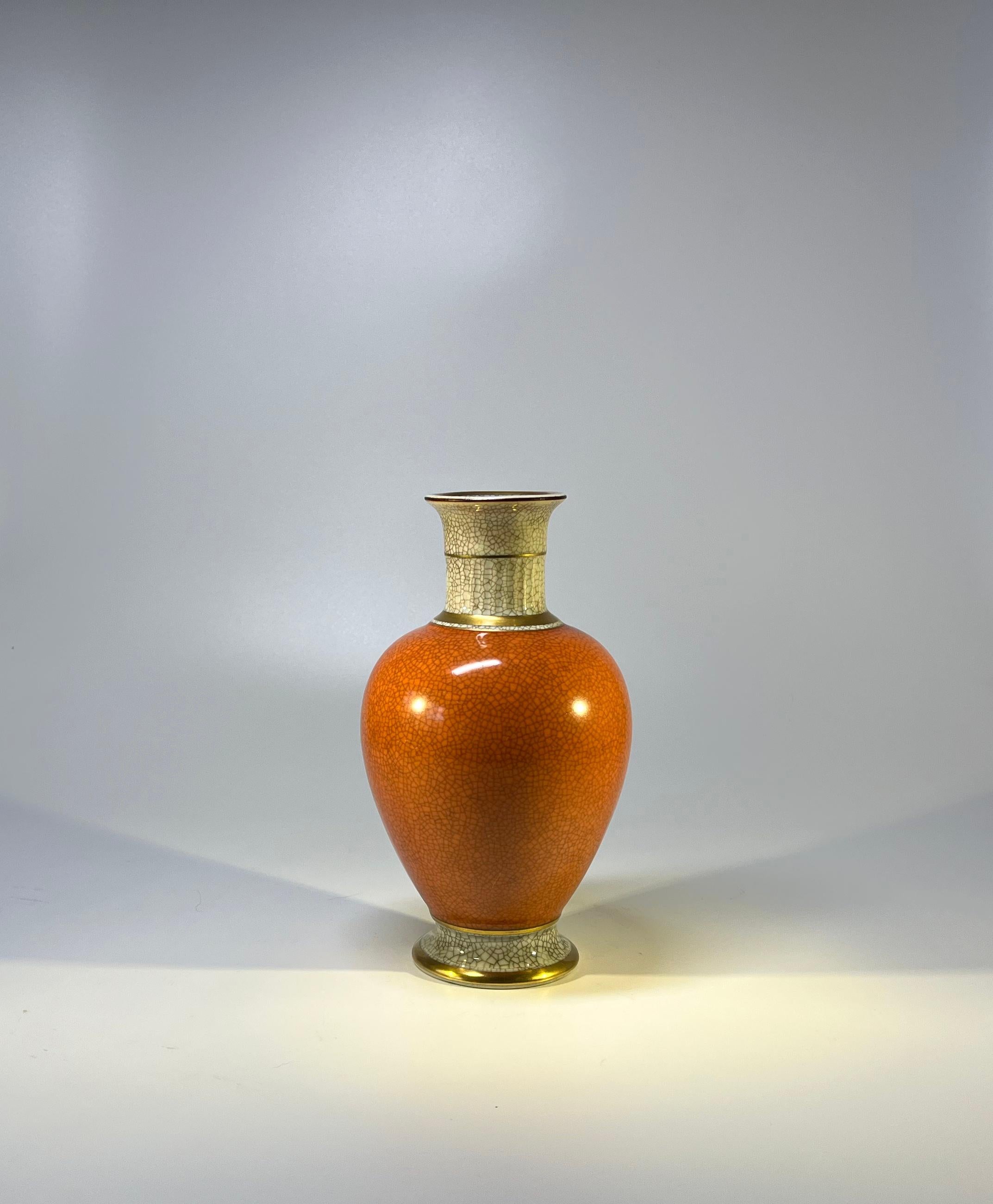 Royal Copenhagen 1956, Terracotta Orange Crackle Glazed Vase Gilded Banding 2