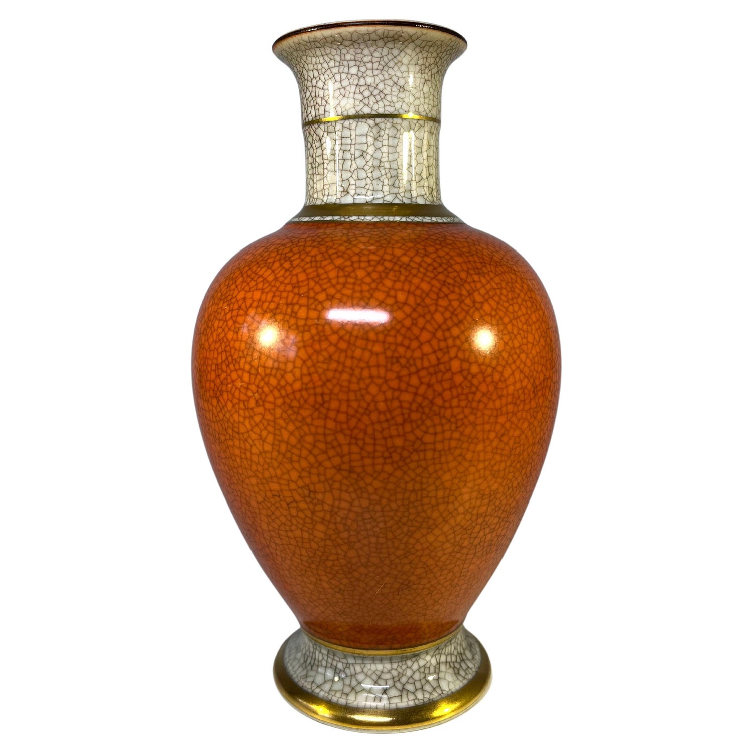 Royal Copenhagen Terracotta Crackle Glazed Vase, Gilded Banding Decoration  #3060 For Sale at 1stDibs