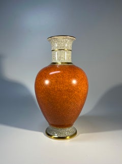 Royal Copenhagen 1959 Terracotta Orange Crackle Glazed Vase Gilded Bands #3032