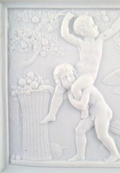 Royal Copenhagen after Thorvaldsen. Rare biscuit plaque. Boys stealing fruits