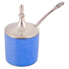 Vintage Royal Copenhagen and Georg Jensen. Porcelain mustard jar with lid and spoon