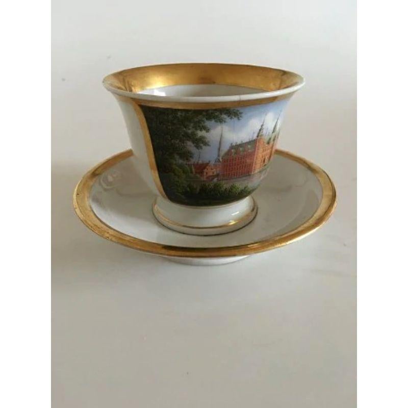 20th Century Royal Copenhagen Antique Morning Cup and Saucer with Handpainted Motif For Sale