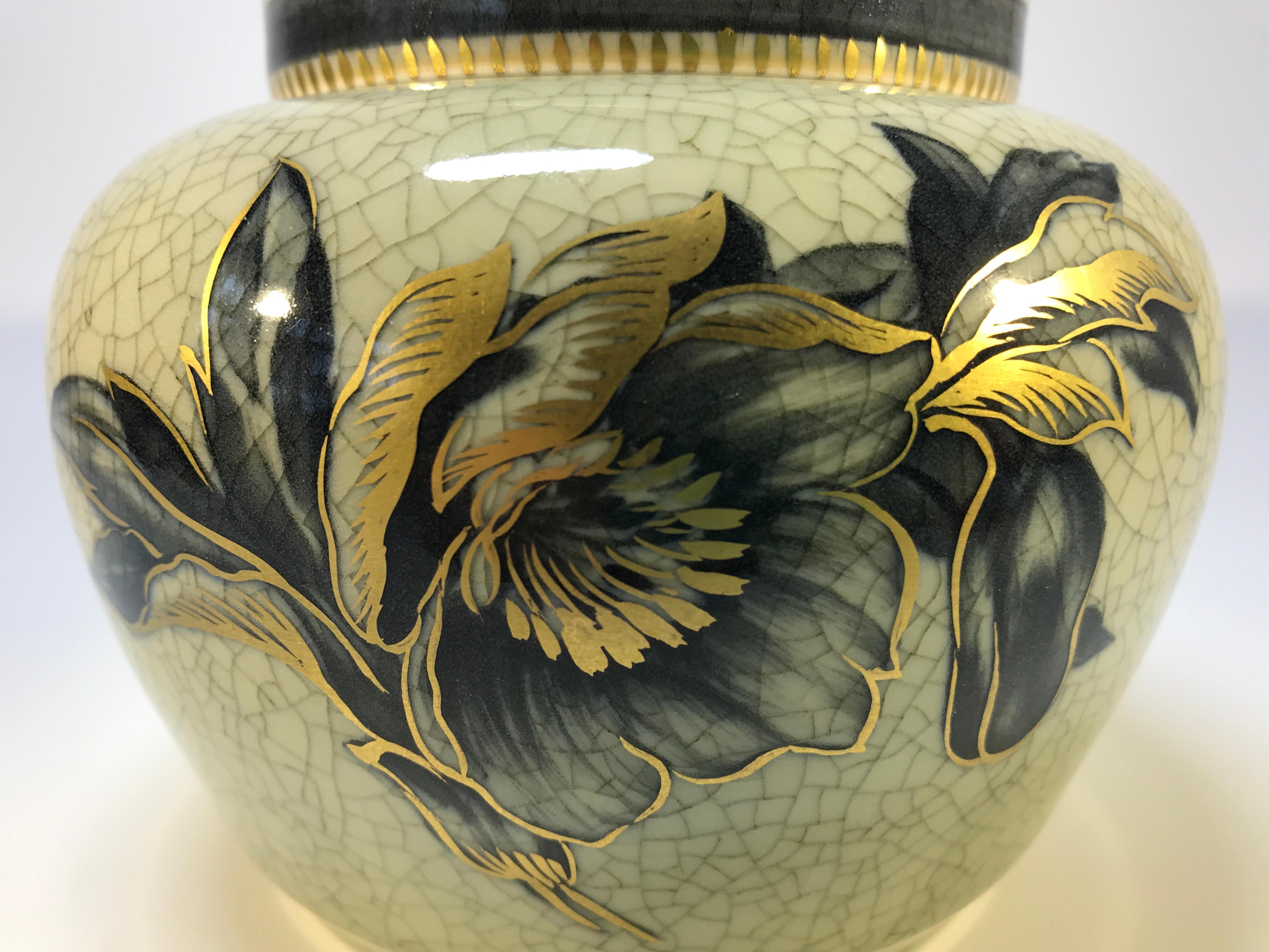 20th Century Royal Copenhagen Art Deco Craquelure Ginger Jar Gilded Floral Decoration #2687