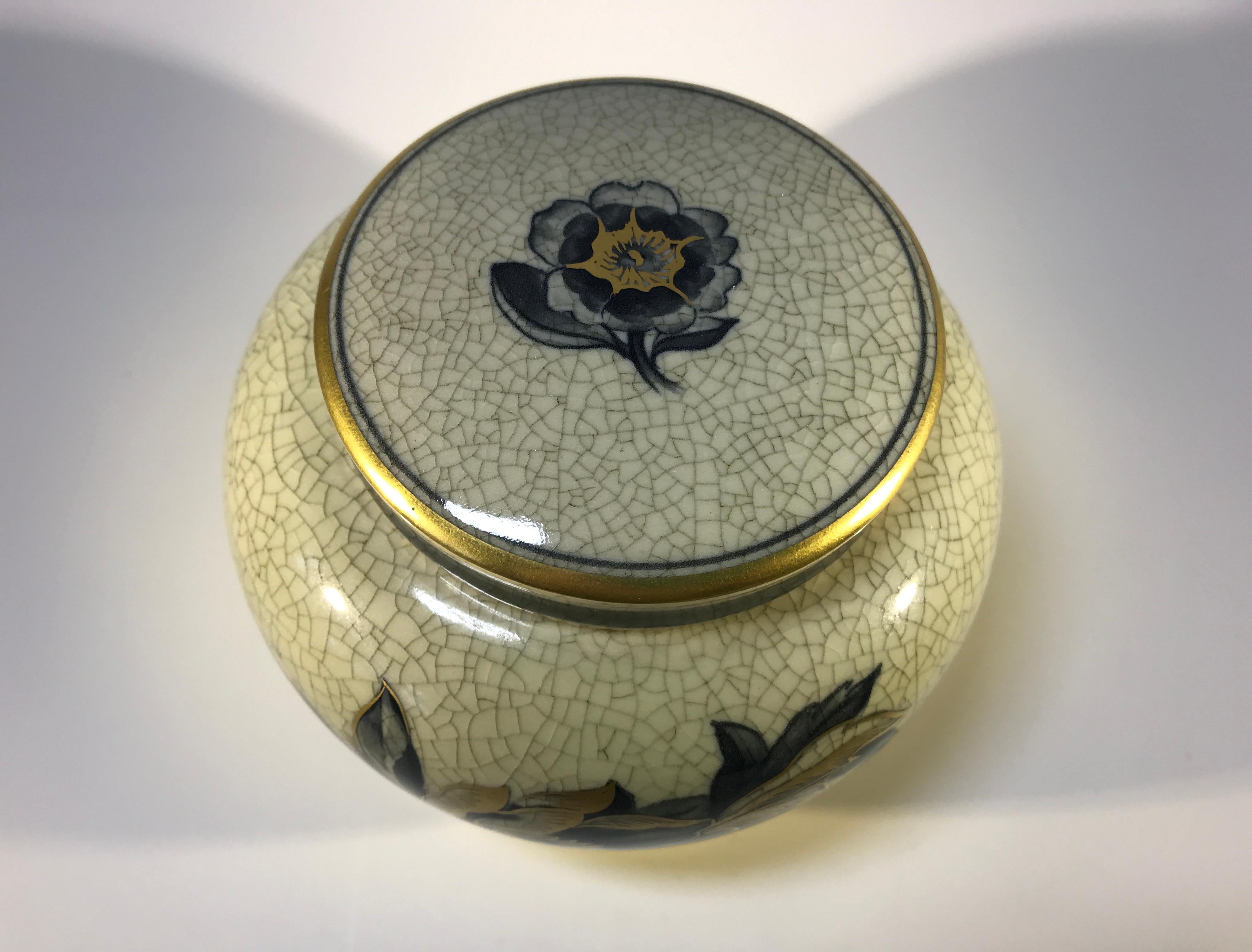 Porcelain Royal Copenhagen Art Deco Craquelure Ginger Jar Gilded Floral Decoration #2687